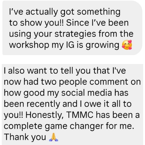 Text-based social media post sharing gratitude and success in growing Instagram followers using workshop strategies, mentioning positive comments and thanking followers.