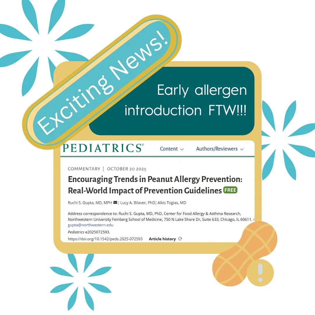 Super exciting to see positive changes in the peanut allergy world.  The early introduction of allergens is working &mdash; with down trending numbers for peanut allergies showing up in the research and it&rsquo;s suck good news:) I literally just ta