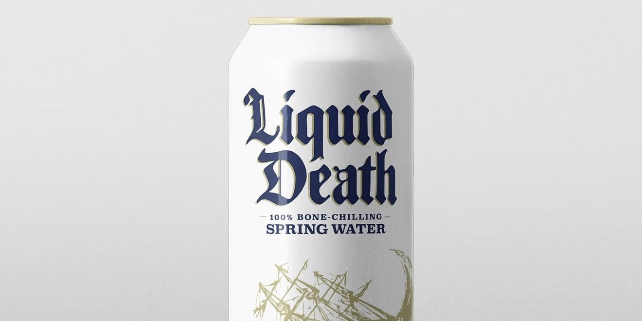 Liquid Death spring water can using heavy metal branding