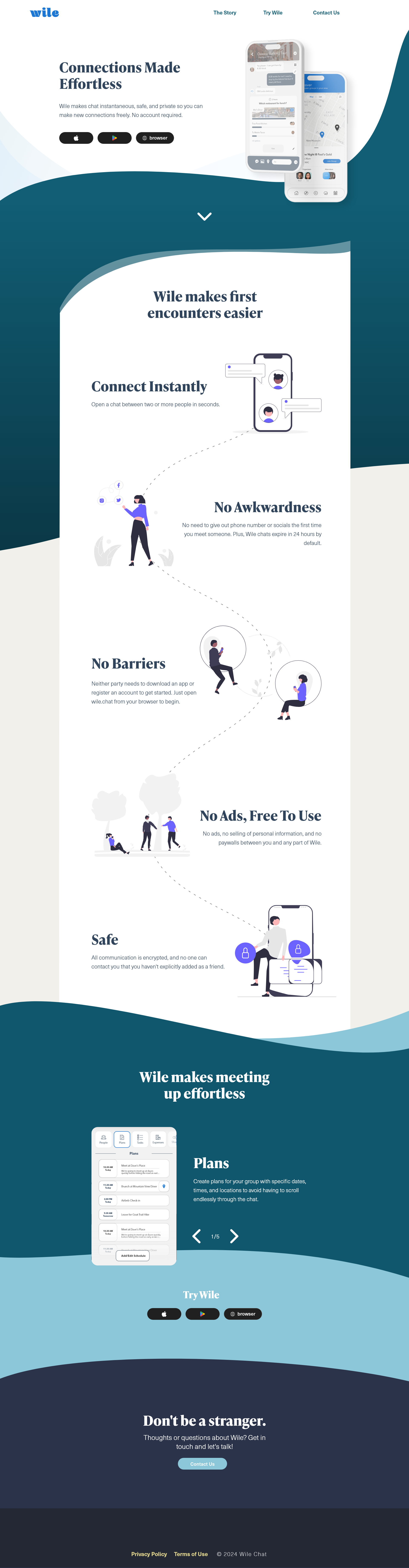 Landing page for Wile, the loneliness-busting social app I created