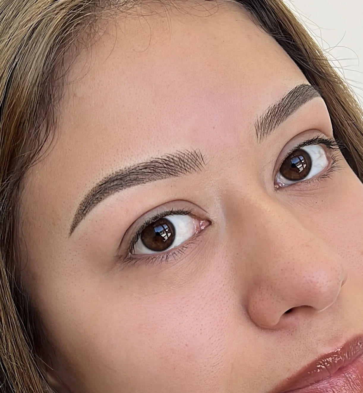 Close-up of a woman's face showing well-groomed eyebrows and brown eyes.