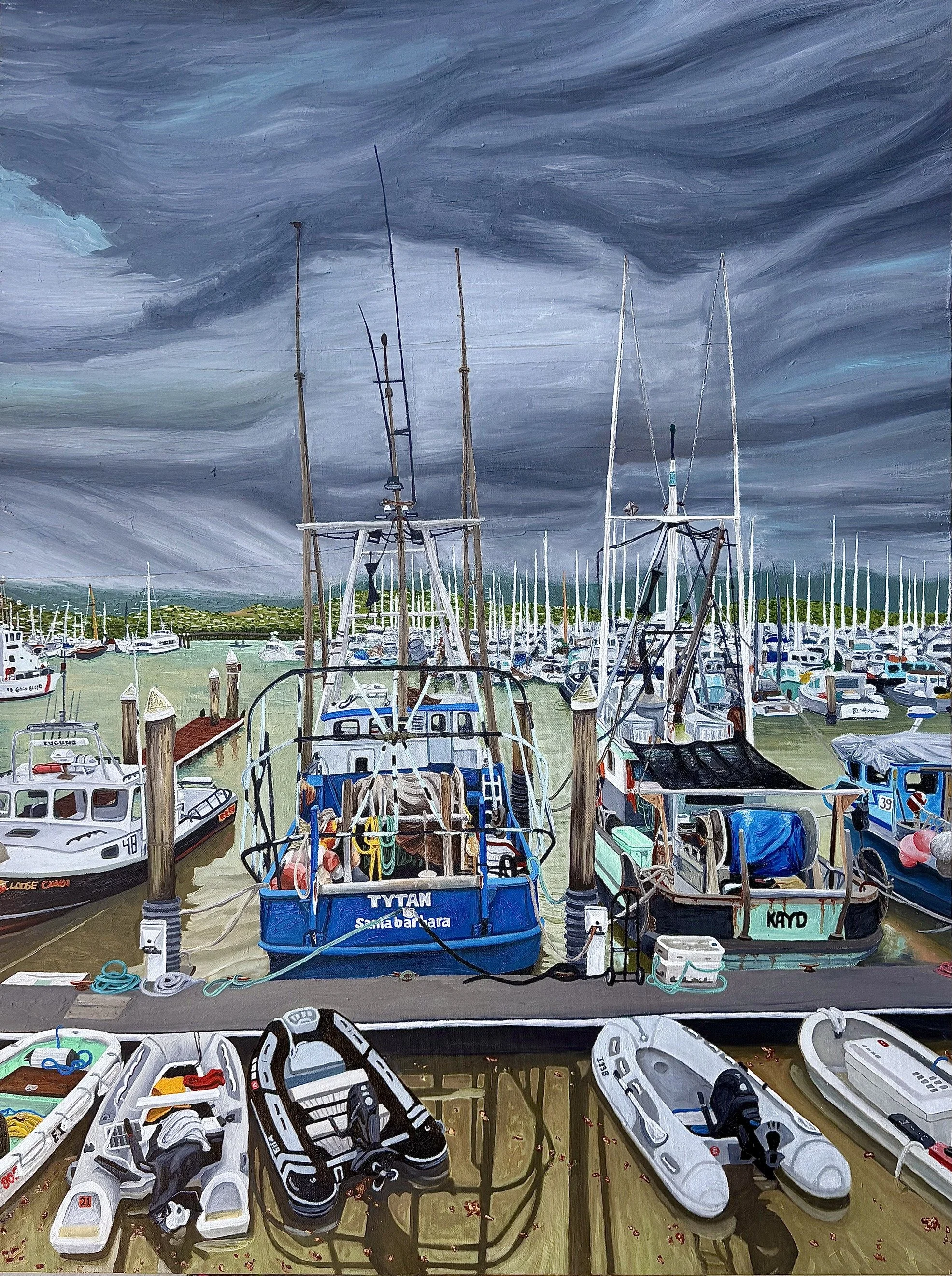 Rainy Day at Santa Barbara Harbor, Oil on Canvas-48" x 36"