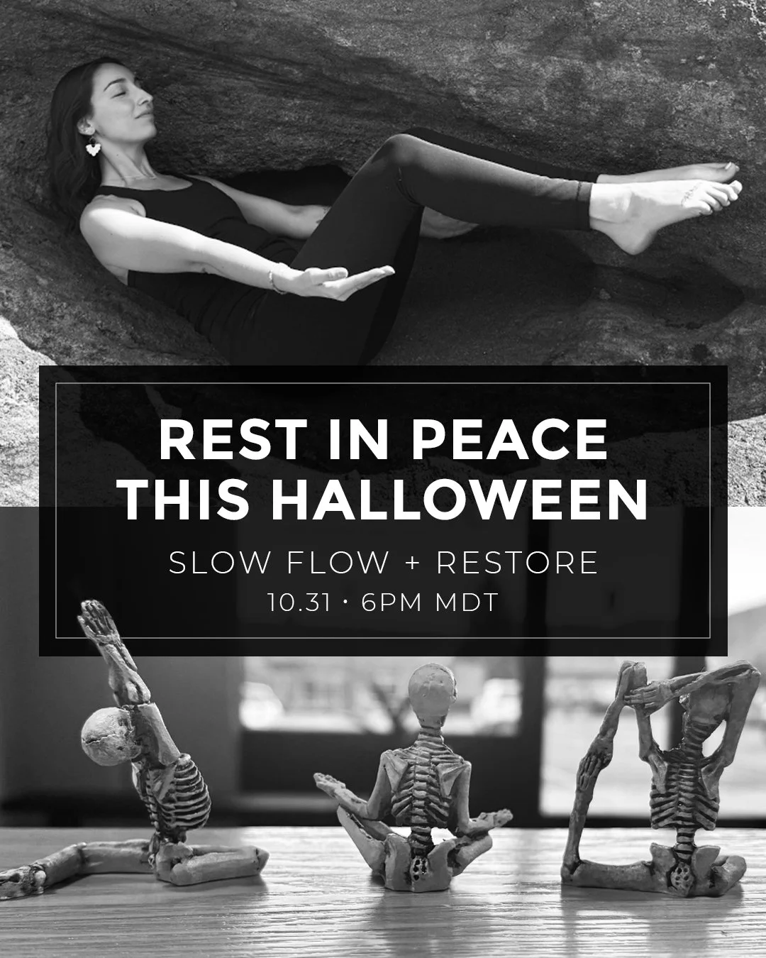 This Halloween, surrender to the shadows and let your body Rest In Peace for a luxurious, grounding Slow Flow + Restore class. 🖤 Release tension and melt into stillness in a candlelit ambiance with a touch of spooky elegance.
Costumes are highly en