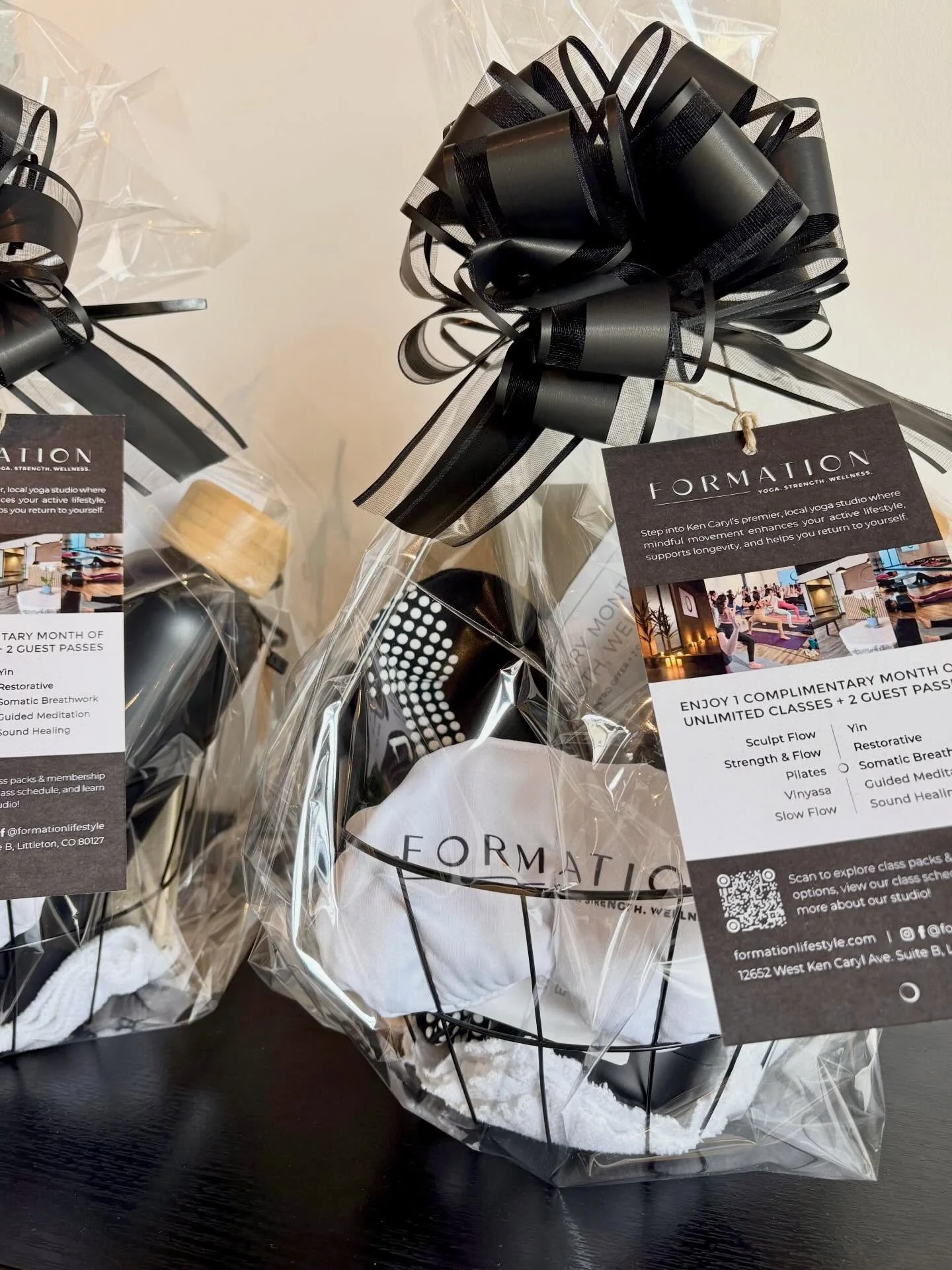Auction baskets are ready to roll out! We put an amazing gift together for you: a weighted eye mask, water bottle, journal, grip socks, and 1 Free Unlimited Month of classes! If you see a FORMATION basket at your child&rsquo;s school auction, give us