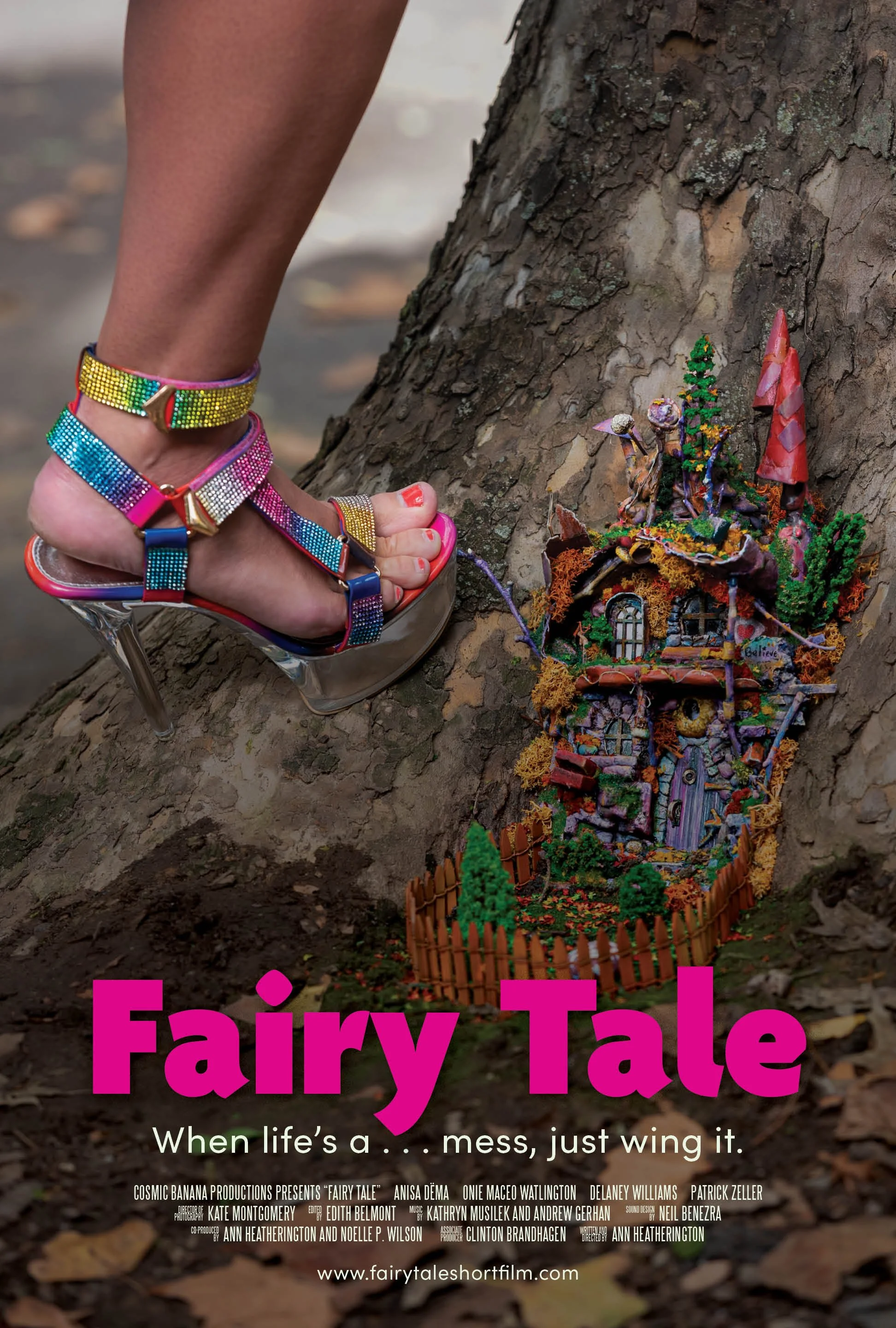 Fairy Tale Short Film Poster with woman's foot and shoe next to fairy house