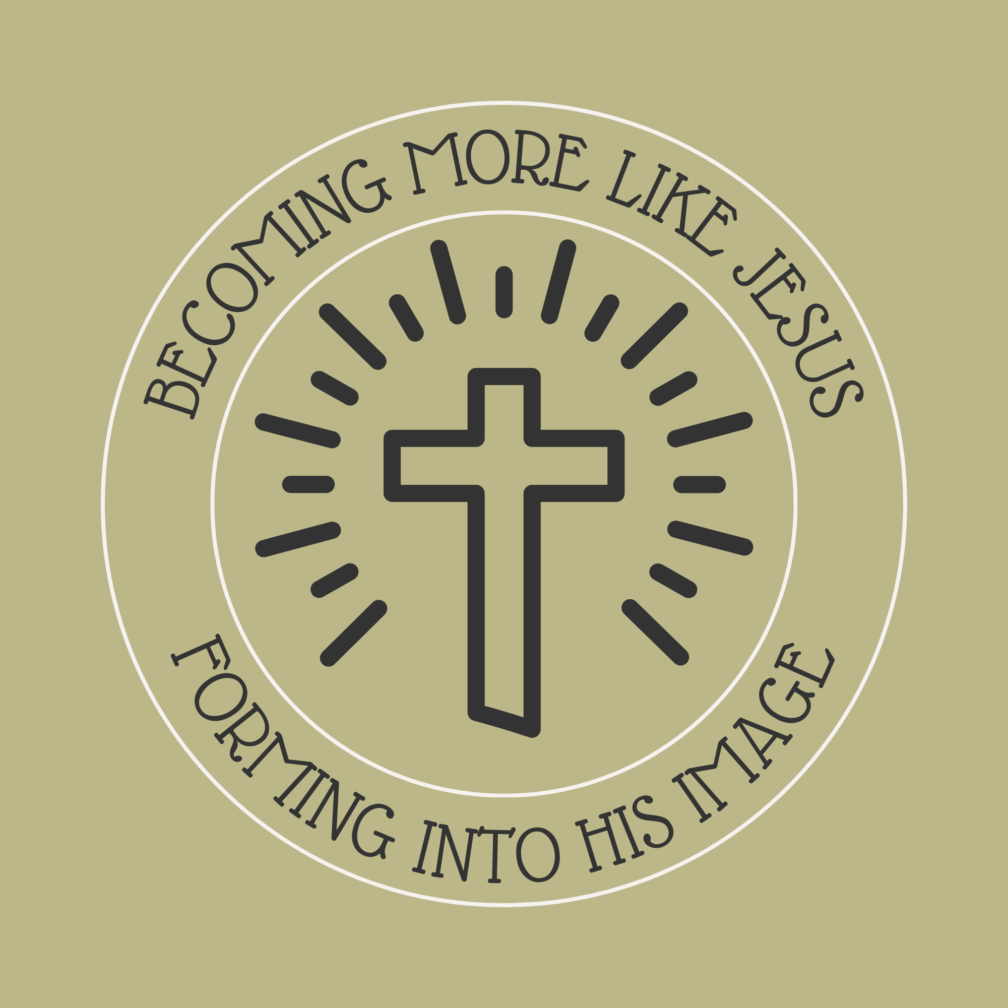 Christian logo with a cross at the center, radiating lines, and the phrases "Becoming More Like Jesus" and "forming into his image" encircling the cross.