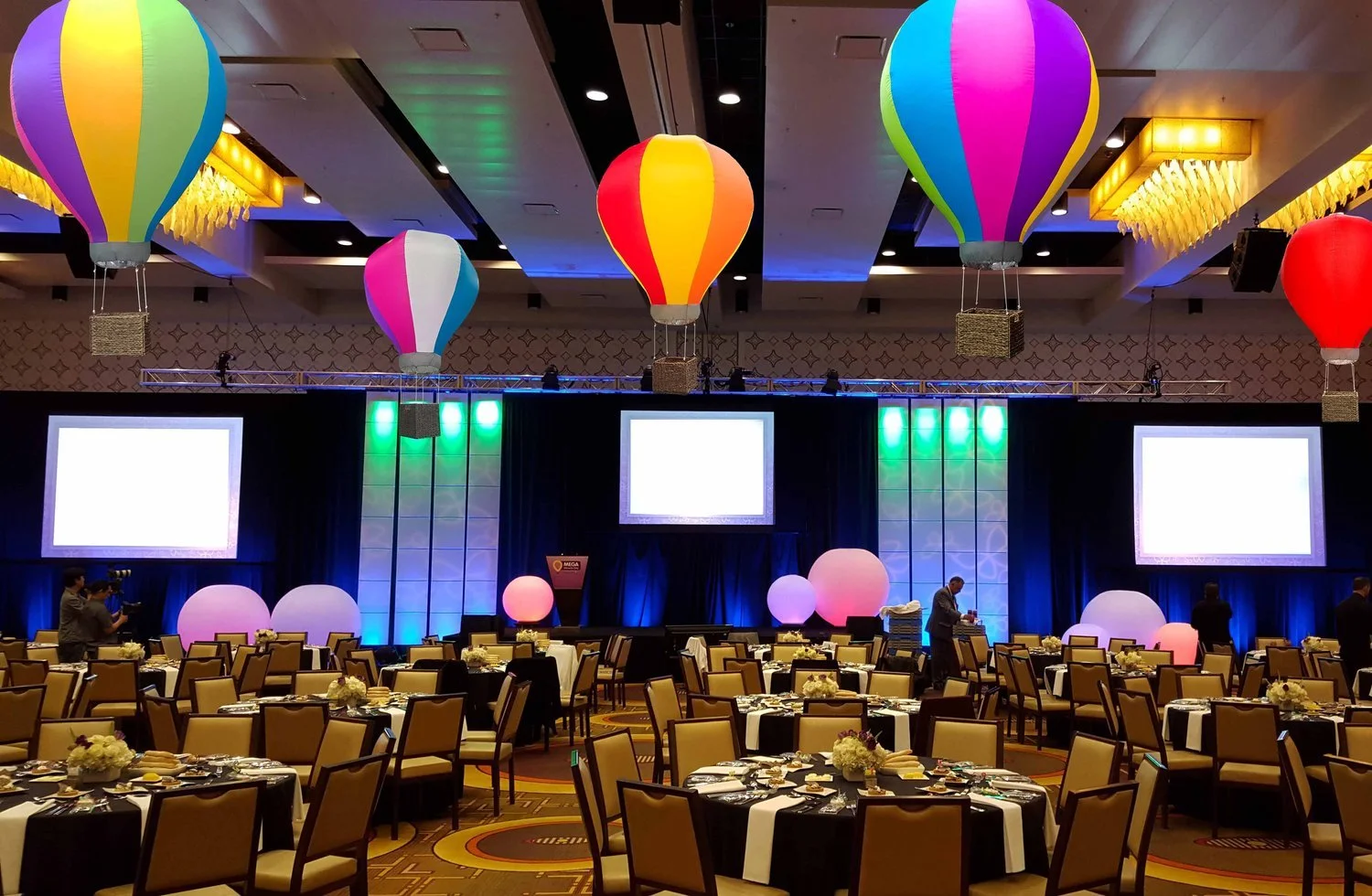 Stage and ballroom decor with our Inflatable Hot Air balloons for rent