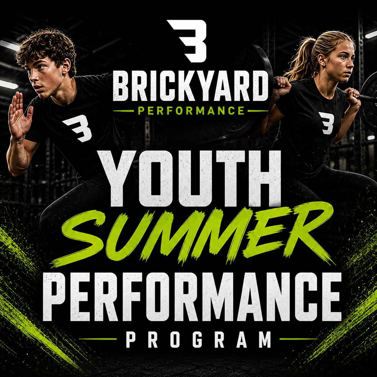 Two young athletes, a man and a woman, wearing black athletic shirts with a white number 3, engaging in strength and plyometric exercises in a gym and promoting a youth summer performance program.