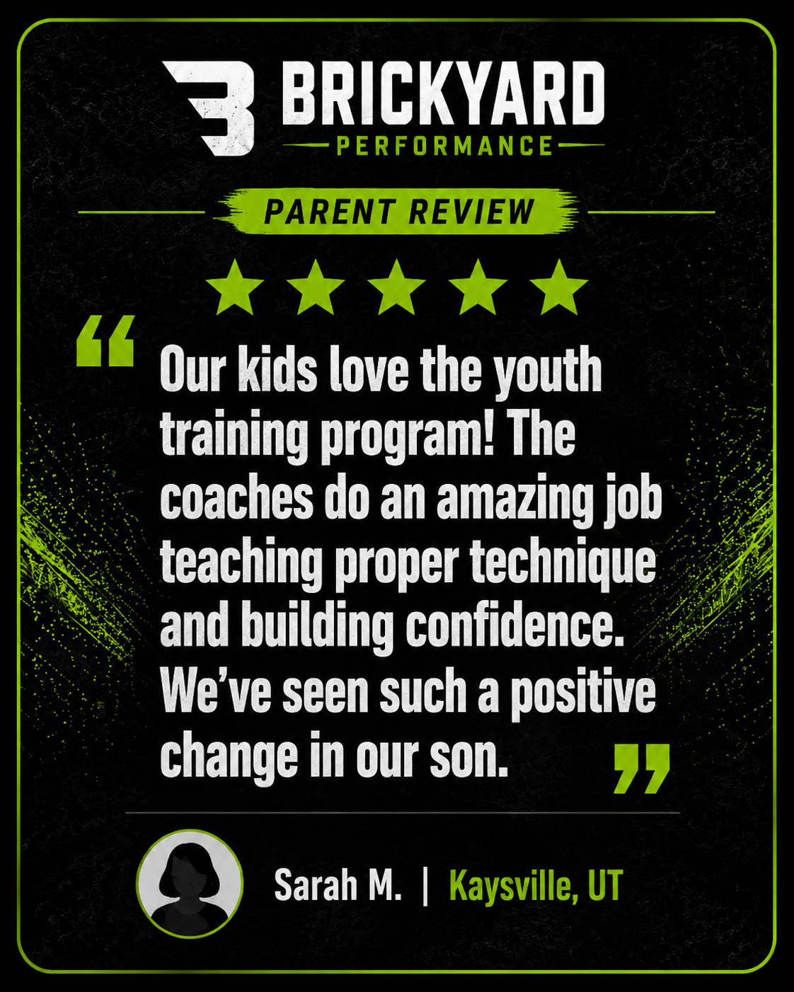 Review of Brickyard Performance youth training program with a 5-star rating, positive customer feedback, and a silhouette profile of Sarah M. from Kaysville, UT.