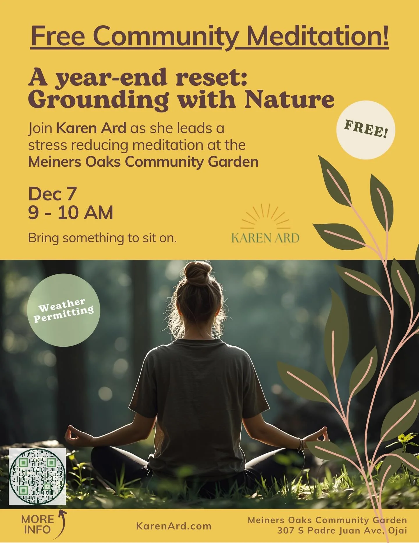Take a moment to breathe amidst the end of the year chaos . ✨ Join us for a Free Community Meditation led by @karen_ard at @meinersoakscommunitygarden .
🌱 A Year-End Reset: Grounding with Nature 📅 Dec 7 ⏰ 9&ndash;10 AM 📍 Meiners Oaks Community Gar