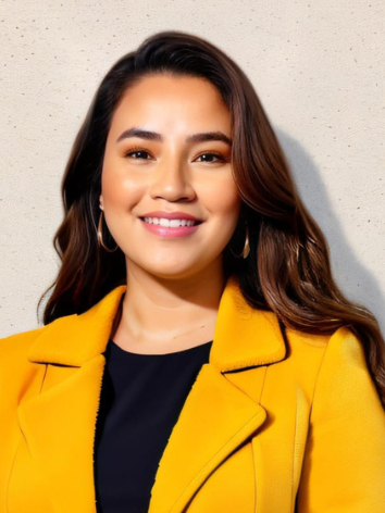 Mulher sorridente com cabelo castanho e roupas amarelas, de fundo bege.