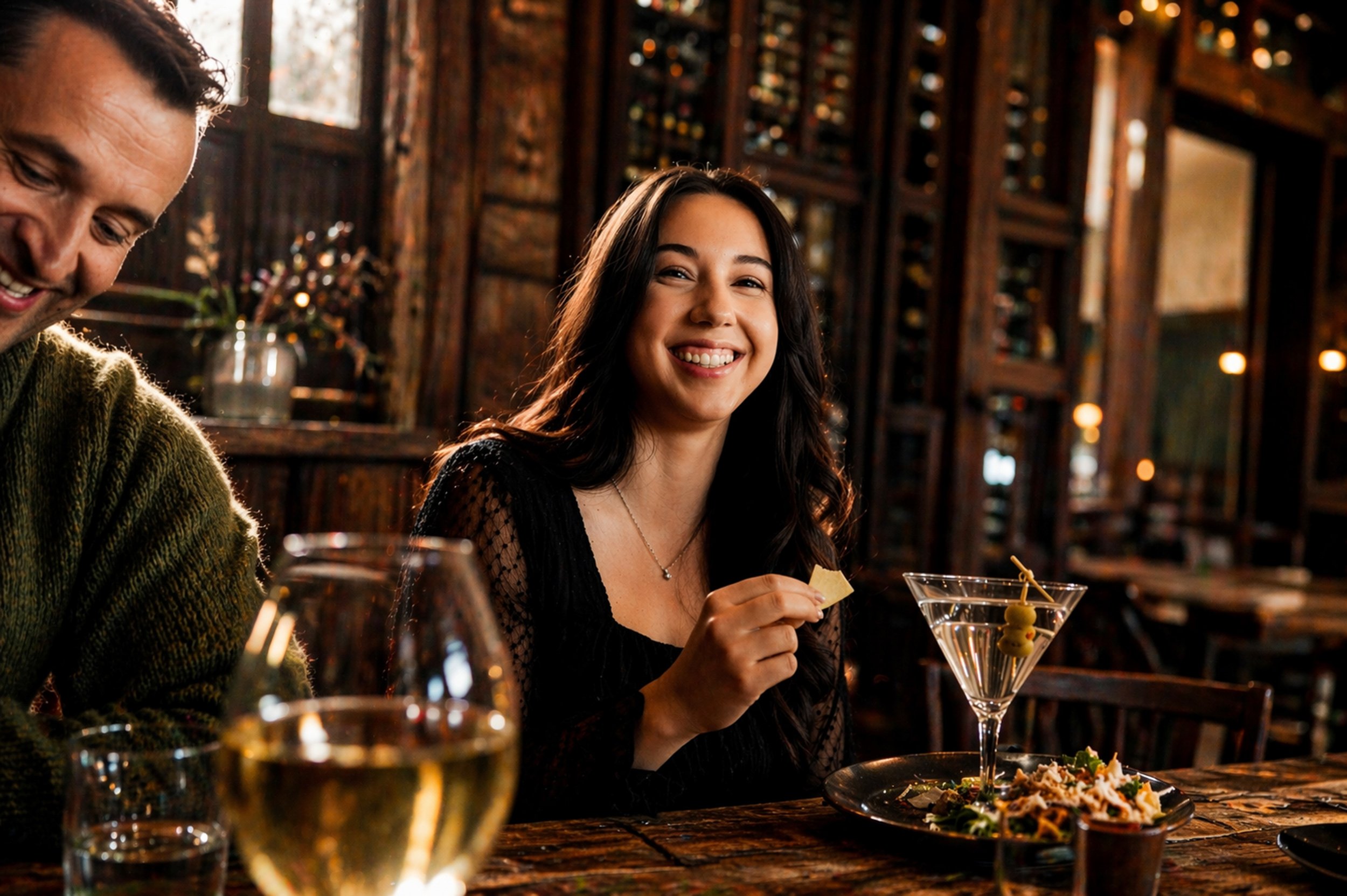 A young woman with long dark hair and a black dress smiling while holding a piece of bread at a dinner table. An older man with curly dark hair and wearing a green sweater is partially visible on the left. The table has a plate of salad, a cocktail g