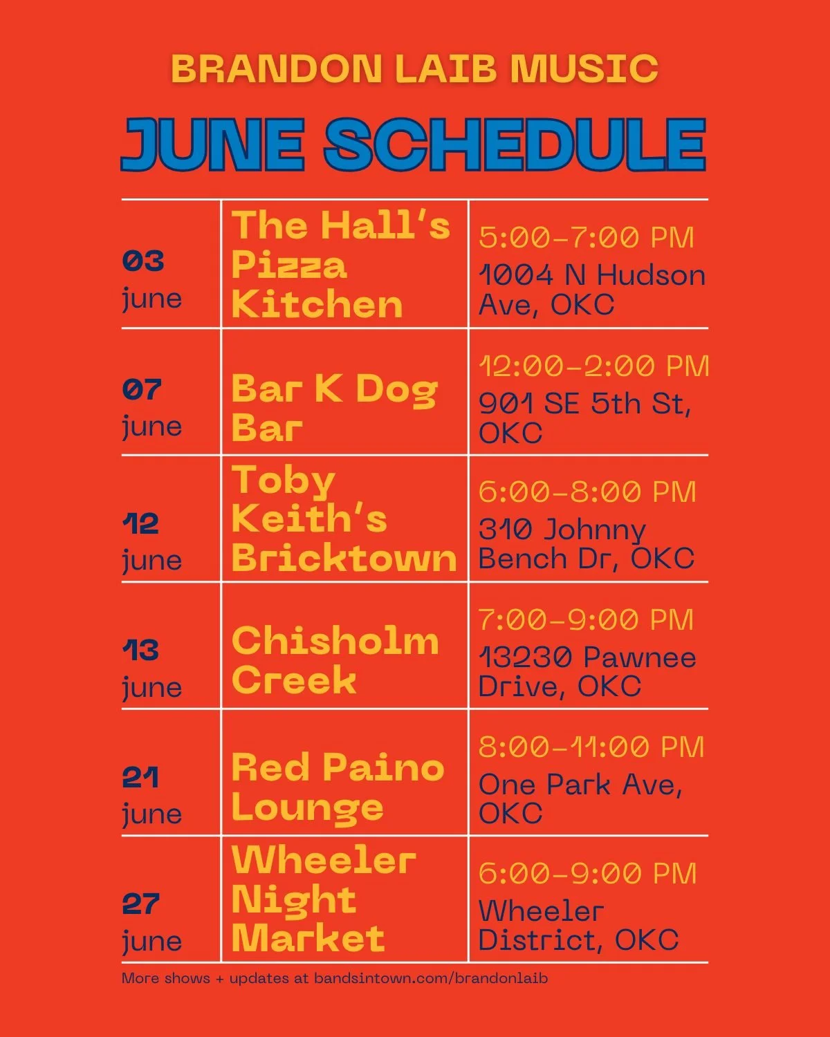 Catch me out on the town in June!
I&rsquo;ll be playing live music around OKC all month&mdash;come hang, bring a friend, and don&rsquo;t make me sing alone (please).

🍕 6/3 &ndash; The Hall&rsquo;s Pizza Kitchen | 5&ndash;7 PM
🐶 6/7 &ndash; Bar K D