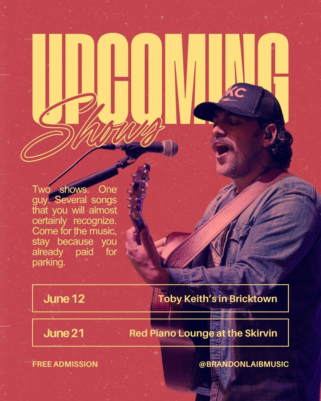 Got a couple fun shows coming up in the next few weeks&mdash;would love to see some familiar faces out there!

🎤 Thursday, June 12 &ndash; Toby Keith&rsquo;s Bar &amp; Grill (Bricktown) | 6&ndash;8 PM
🎹 Saturday, June 21 &ndash; Red Piano Lounge at