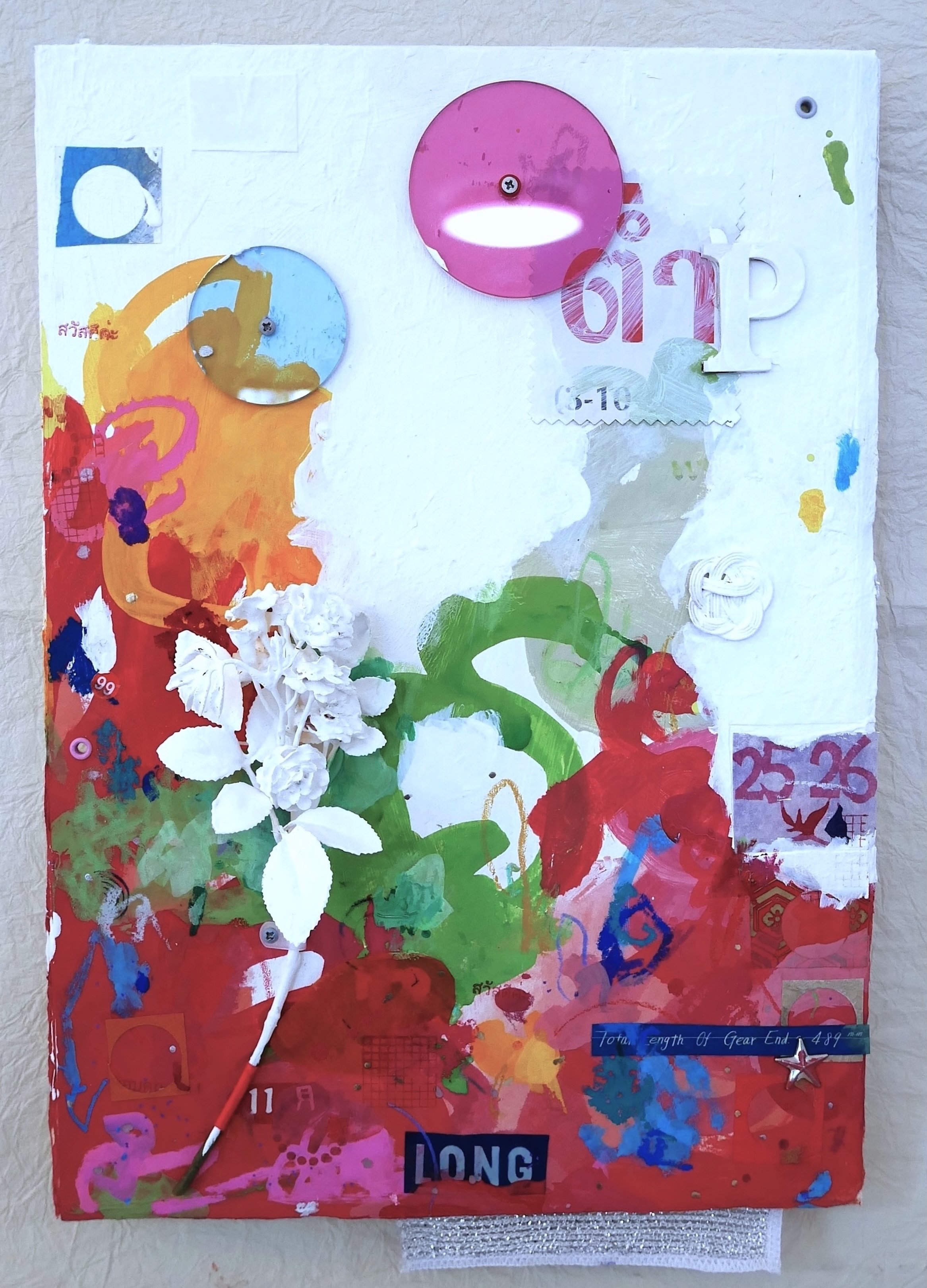 MAGIC GARDEN (LONG), 2025.  Gouache, pastel, wax, ink and plexi on handmade washi mounted on wood panel.  30x45cm / $250