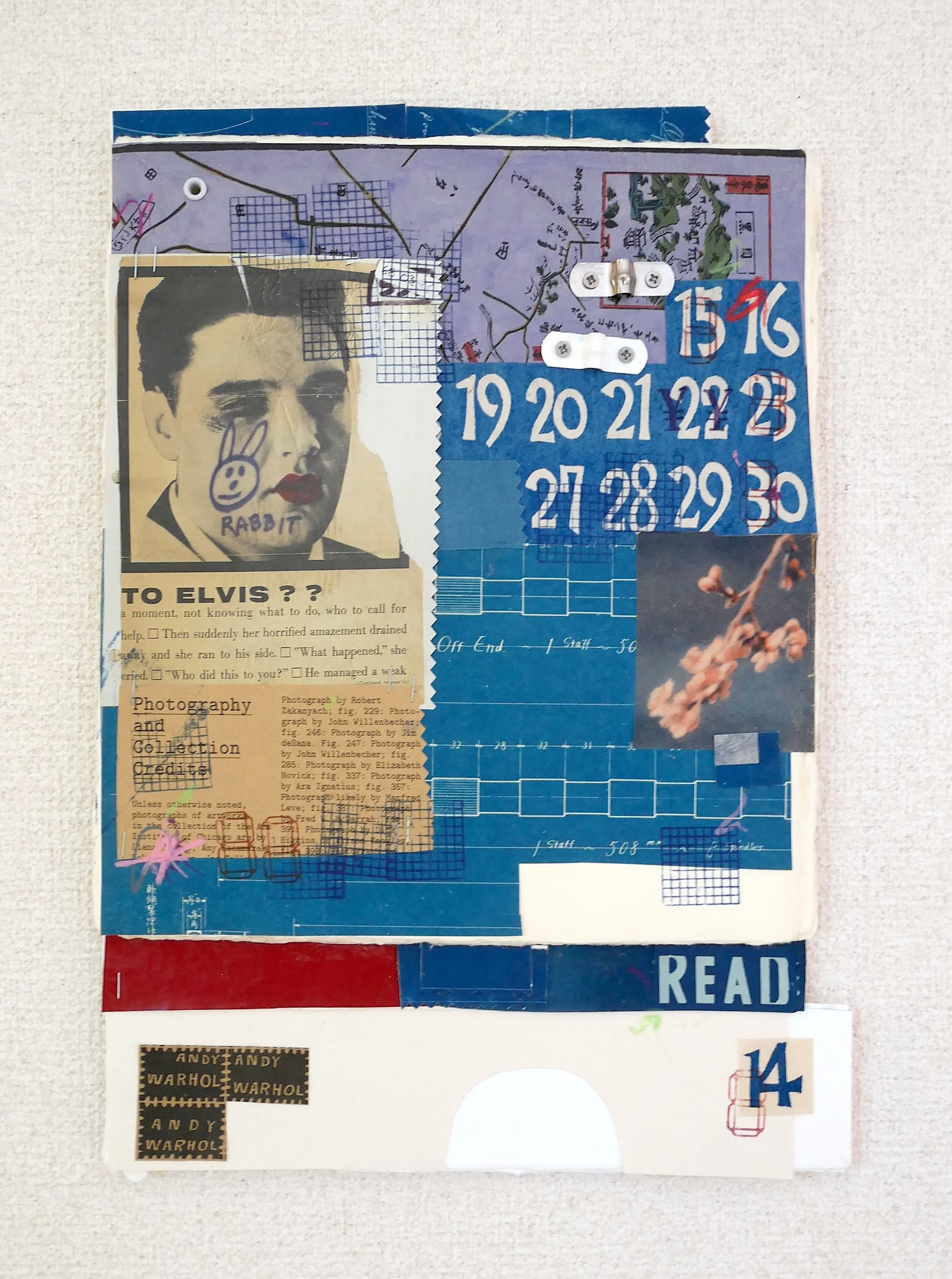 ELVIS 14, 2026.  Vintage Japanese blueprints, maps and dyed papers, ink and metal on multi layers of extra-thick handmade paper.  26x37x1cm / $165.00
