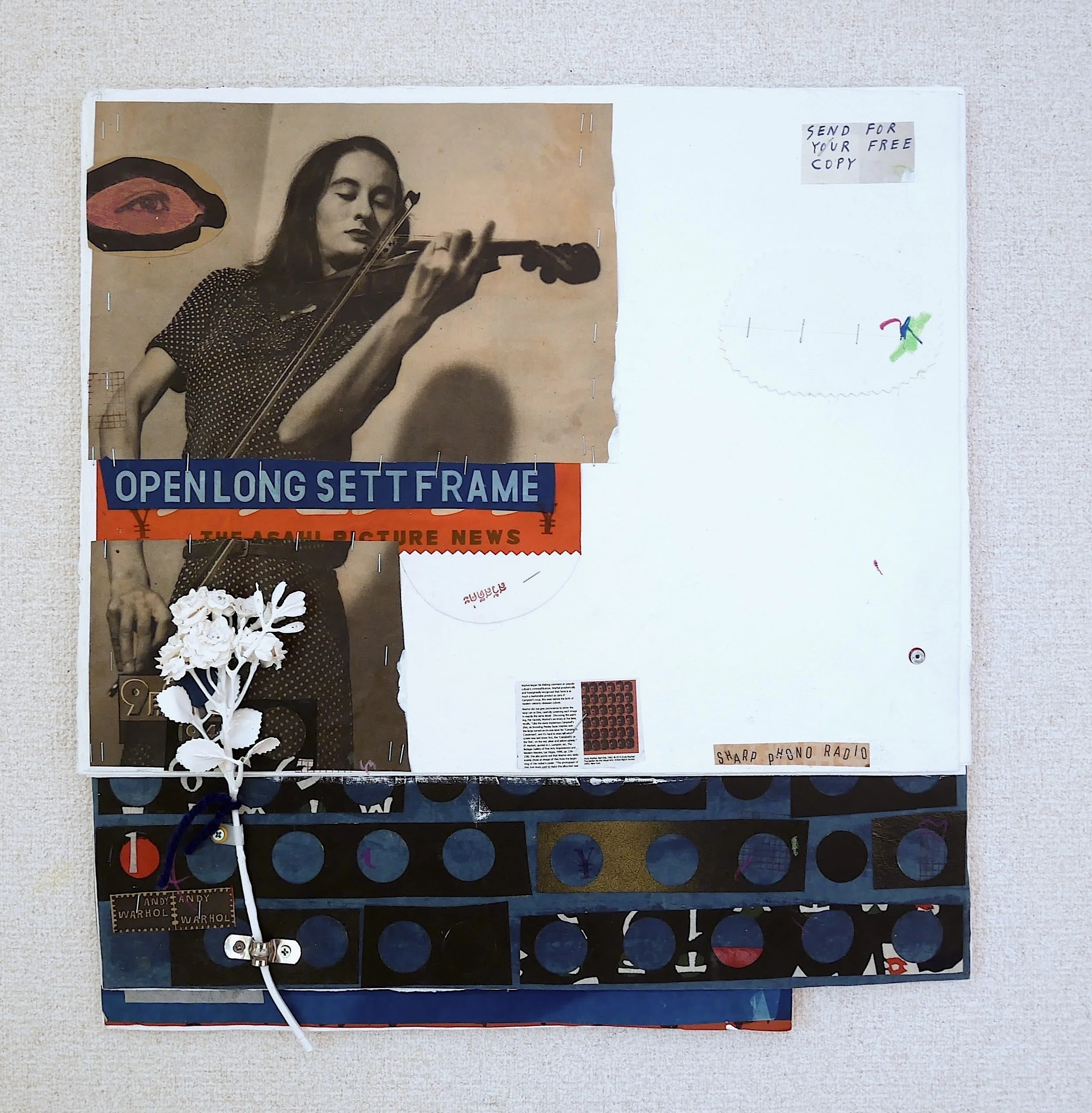 PHONE/RADIO, 2026.  Vintage Japanese dyed papers, ink, metal, gouache, flower and string on multi layers of extra-thick handmade paper.  45x43x2cm / $185.00