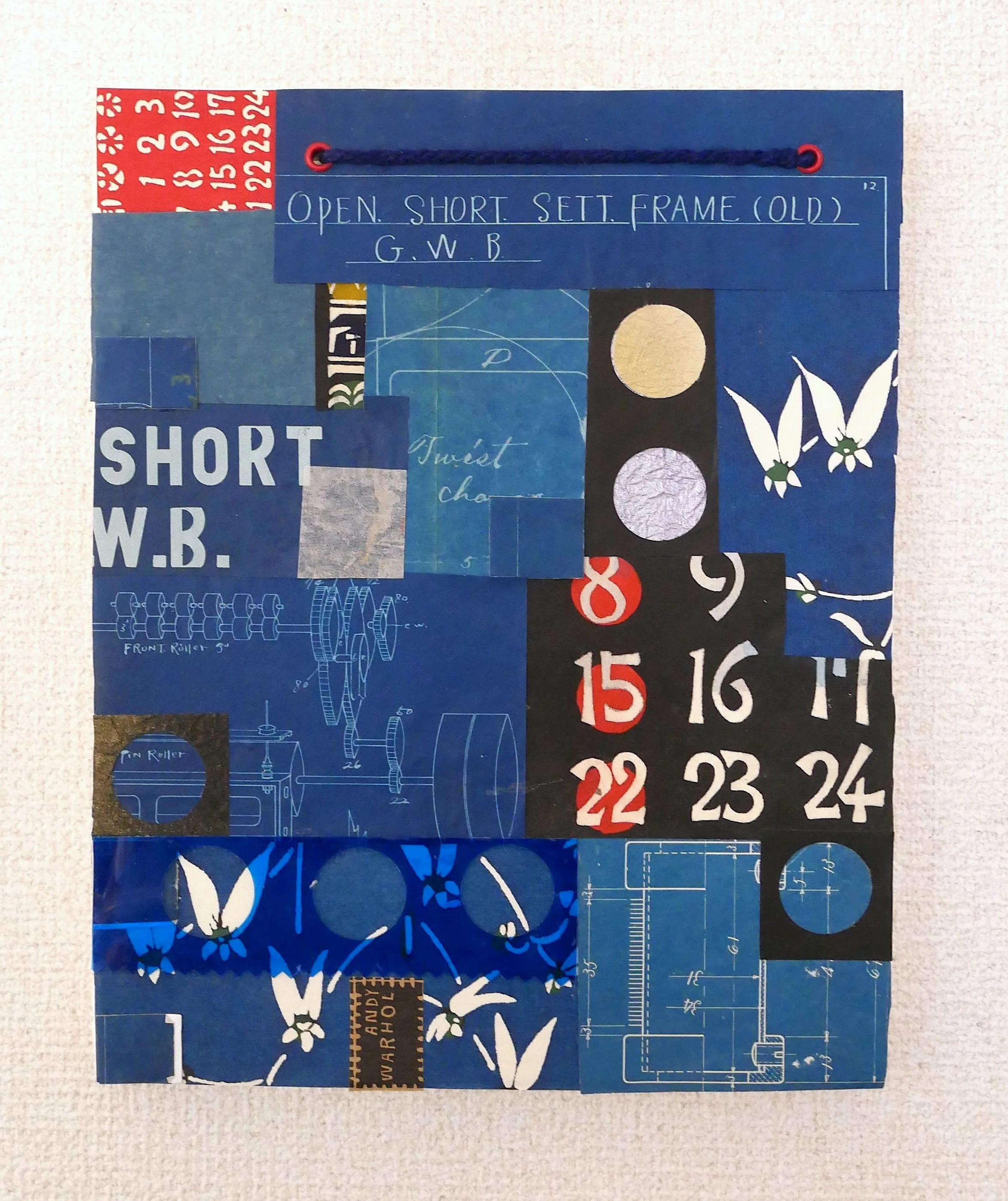 BORO 2026.1, 2026.  Vintage Japanese blueprints and katazome papers, plexi and string.  Mounted on wood panel.  22z27x2cm / $190.00