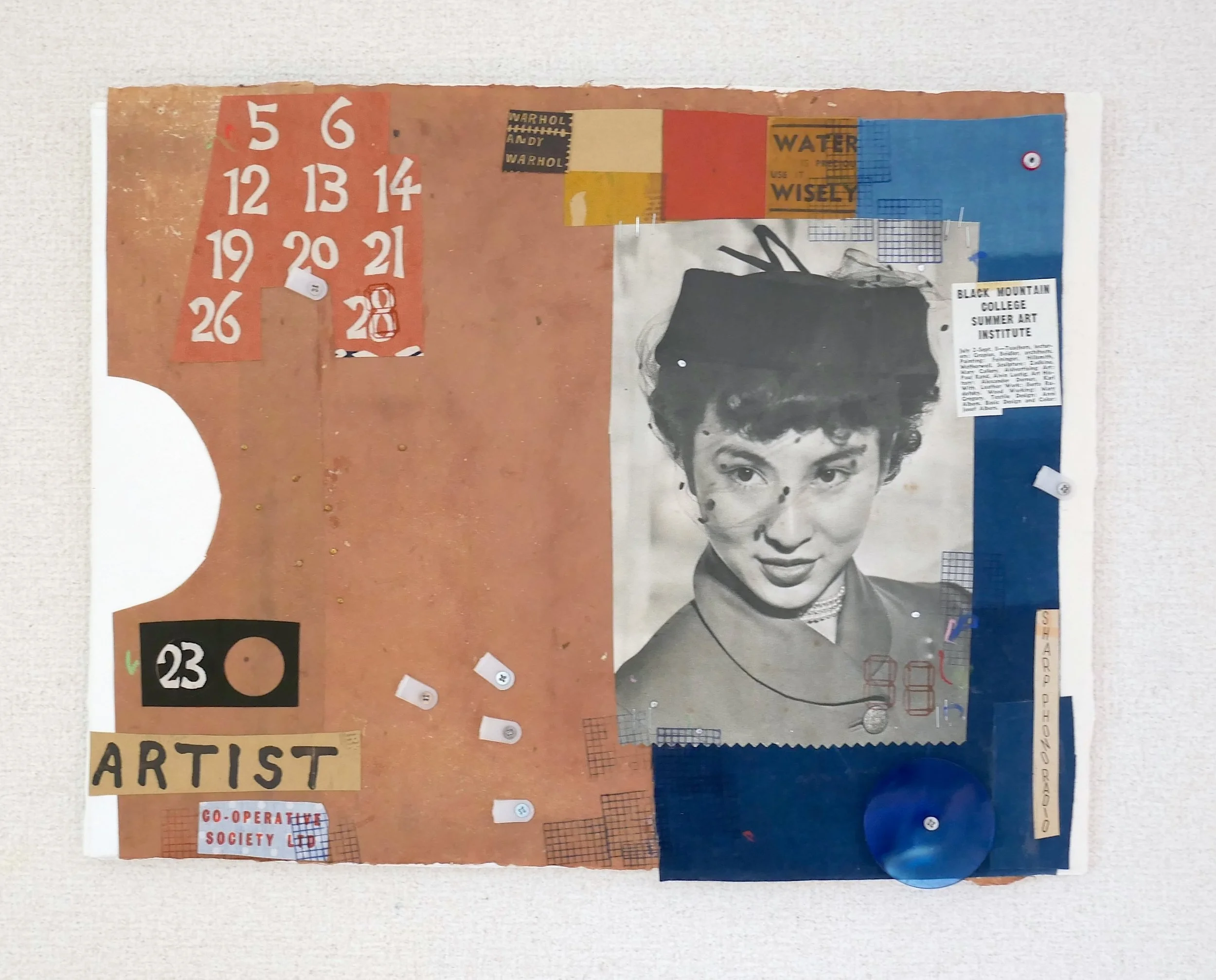 BLACK MOUNTAIN COLLEGE, 2026.  Vintage Japanese dyed papers, ink, metal and plexi on multi layers of extra-thick handmade paper.  43.5x33x1cm / $195.00