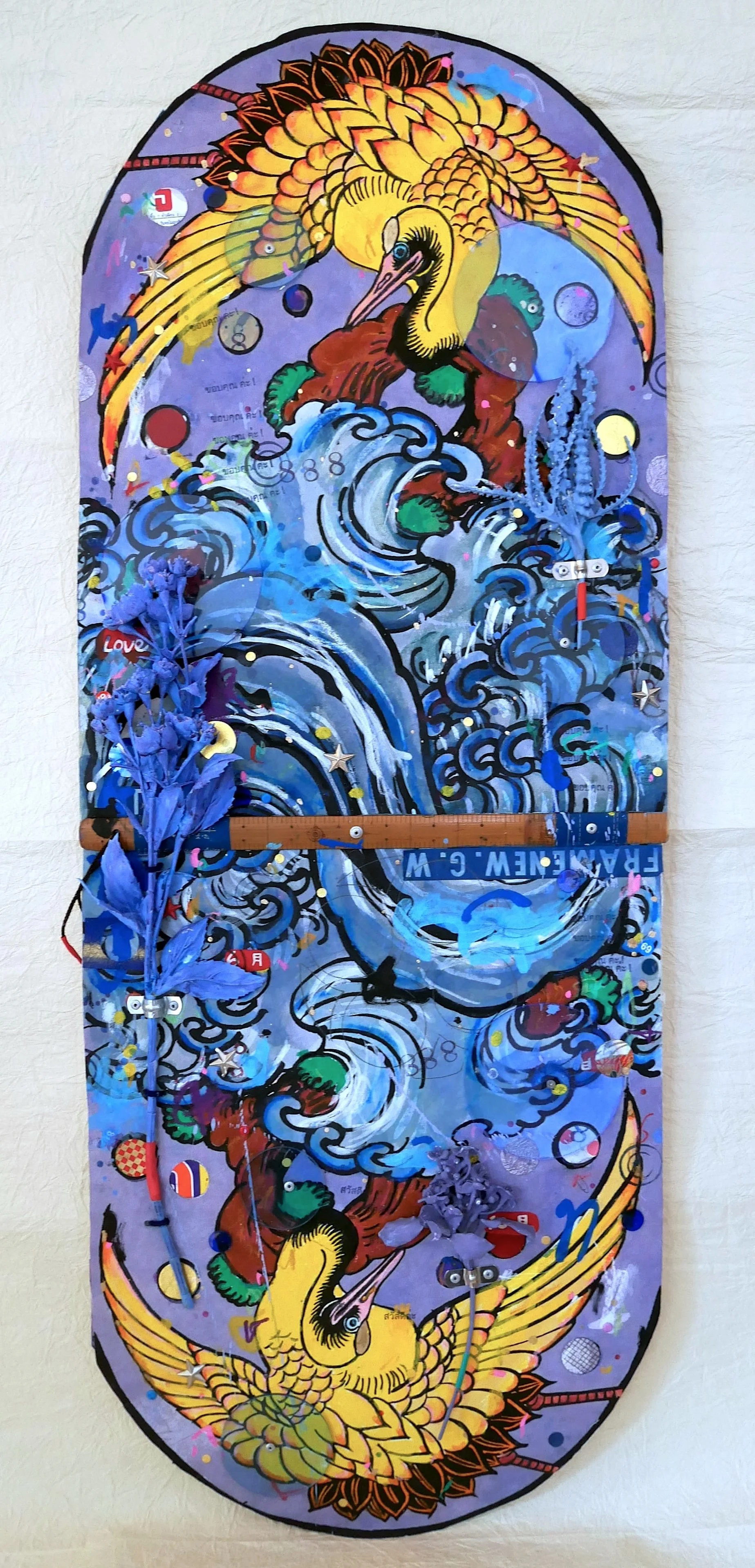 TSURU 888, 2025.  Vintage Japanese calligraphy pages, katazome prints, pencil, pastel, wood, plexi, metal and gouache on thick handmade paper. 38x101cm / $800