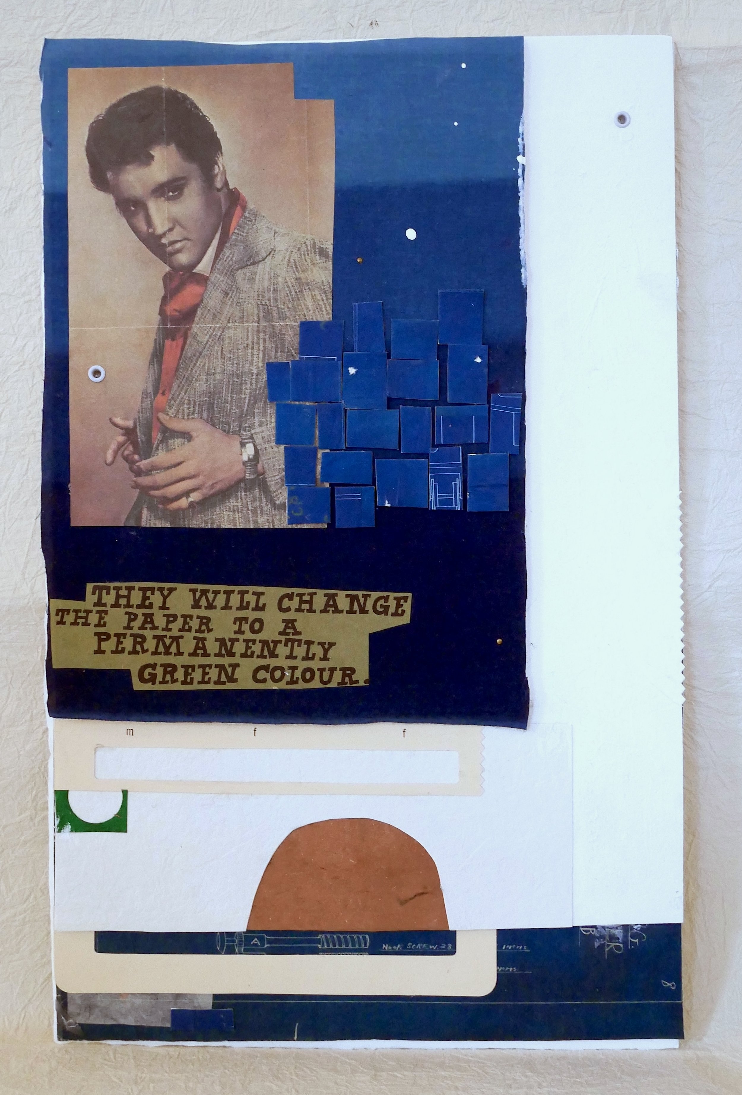 ELVIS & GREEN, 2025.  Vintage & Persimmon-dyed papers, Indigo-dyed bookcloth and eyelets on thick handmade washi paper.  30x48x2cm / $250