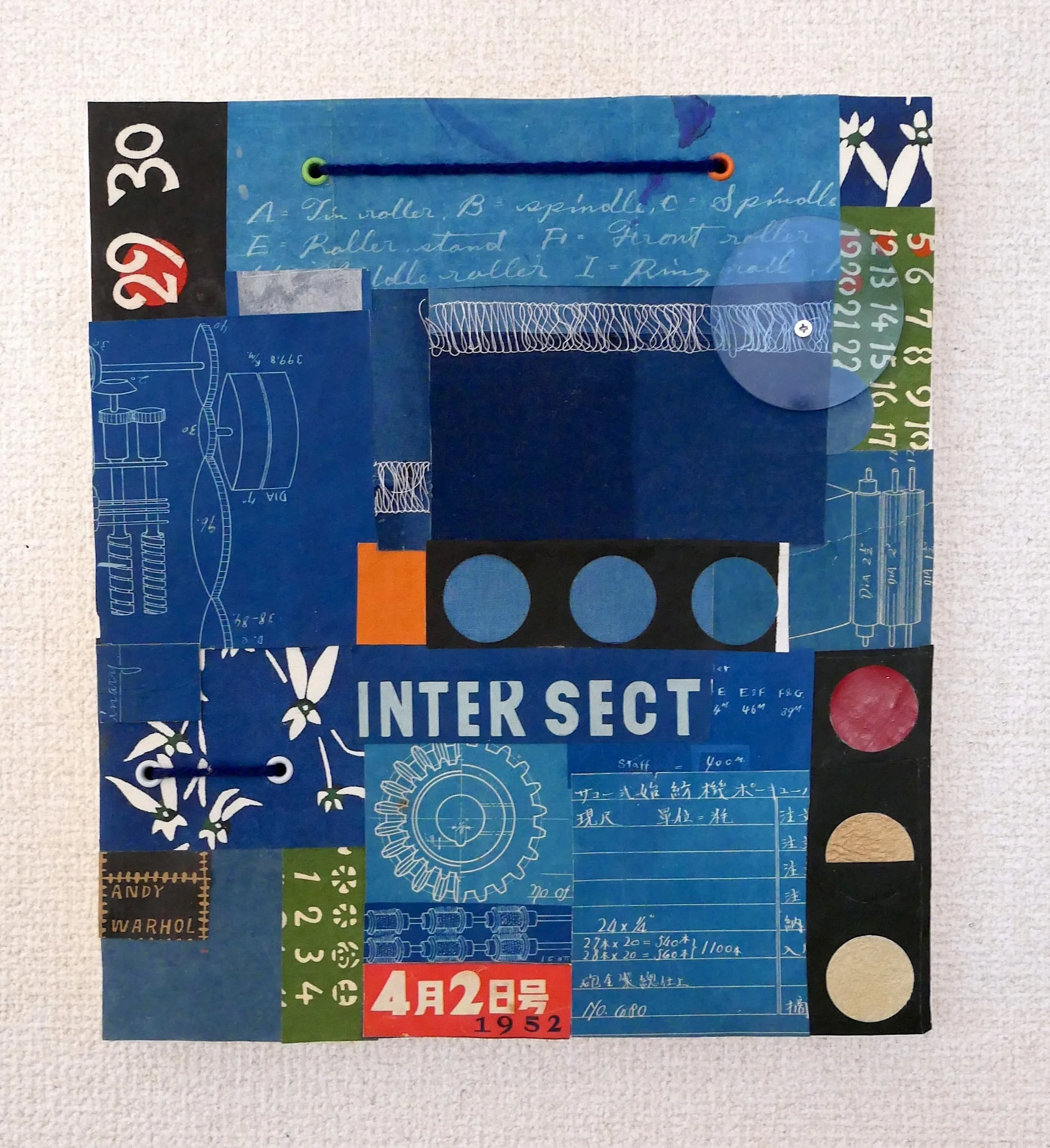 BORO 2026.2, 2026.  Vintage Japanese blueprints and katazome papers, plexi and string.  Mounted on 20+ layers of thick handmade paper.  24x27x2cm / $190.00