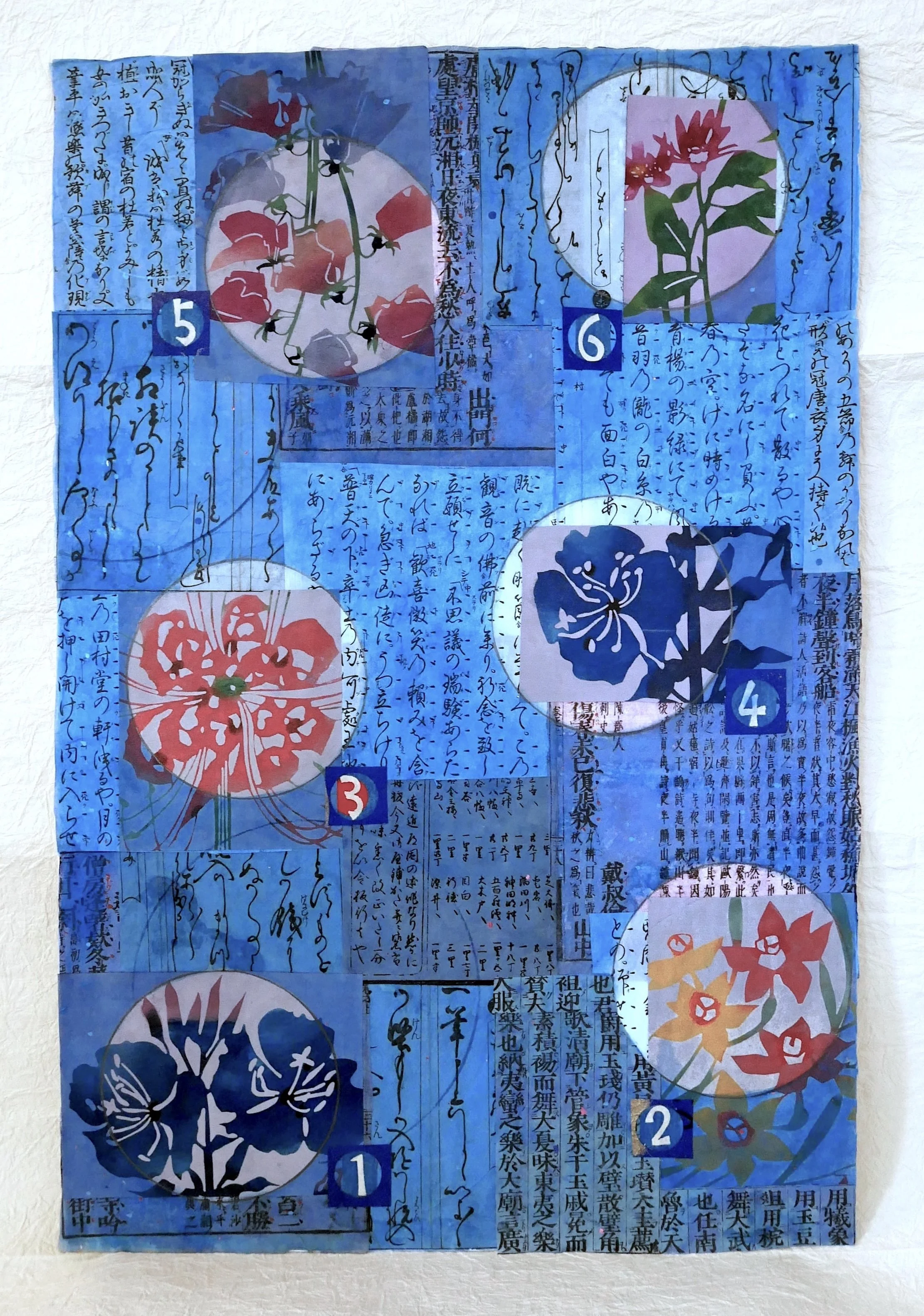 MORE MOMENTS IN LOVE, 2025.  Vintage Japanese calligraphy pages, katazome prints, pencil and gouache on thick handmade paper. 42x64cm / $300