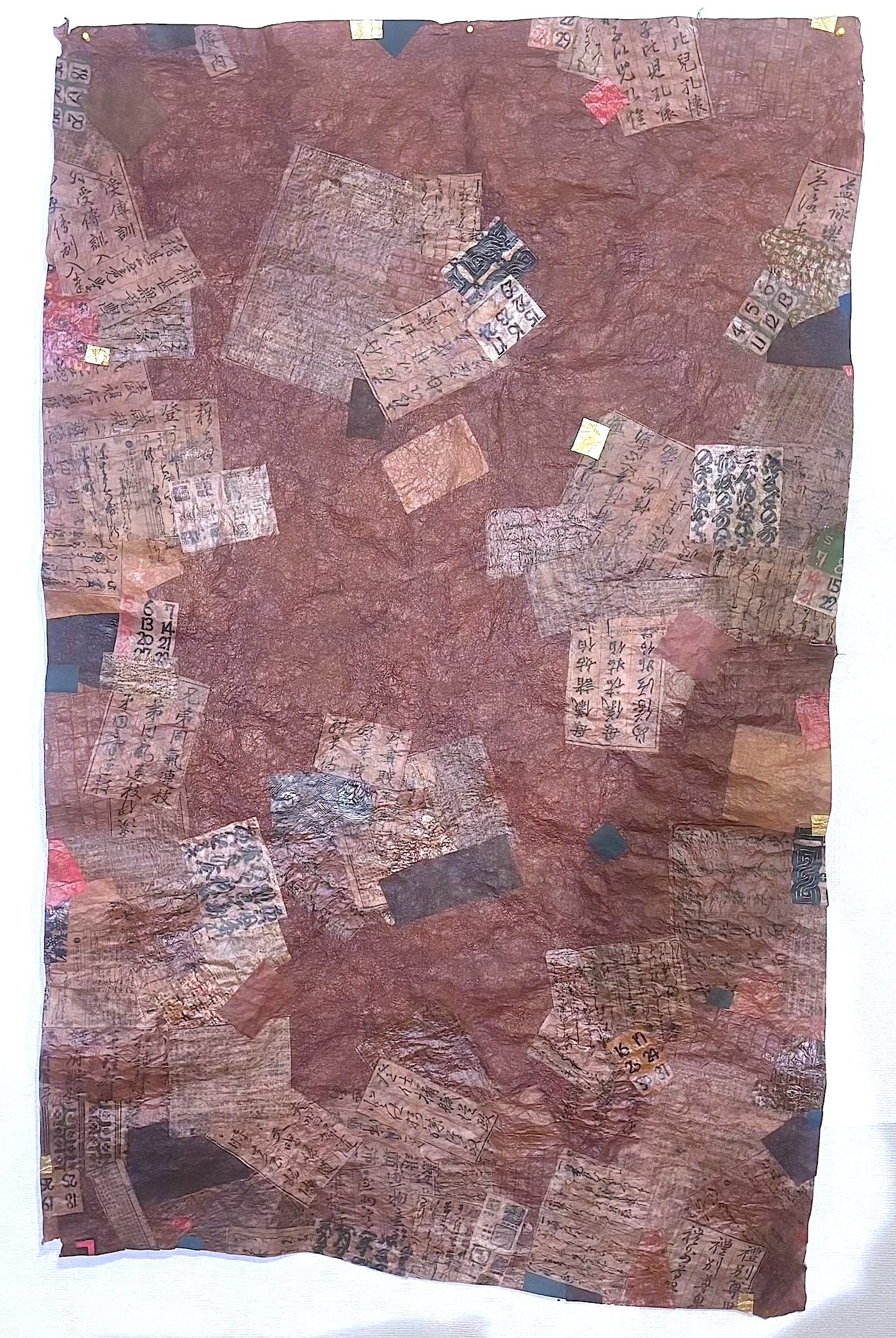 LES VOYAGE DU TEMPS II,  2026.  Vintage washi, ink & kakishibu (persimmon tannin) on momigami  washi.  98 x 173 cm / $1,200.00
