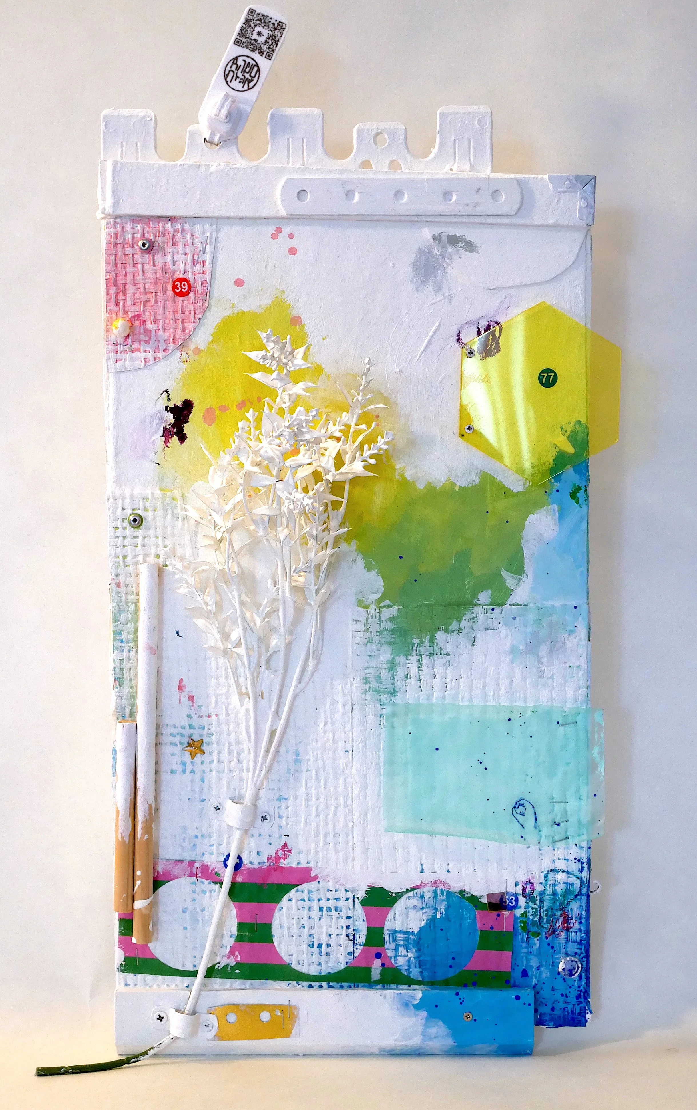 GOLDEN RATIO, 2024.  Gouache, pastel, plexi, gold leaf, zipper and flower on thick washi paper (mounted to wood panel). $215