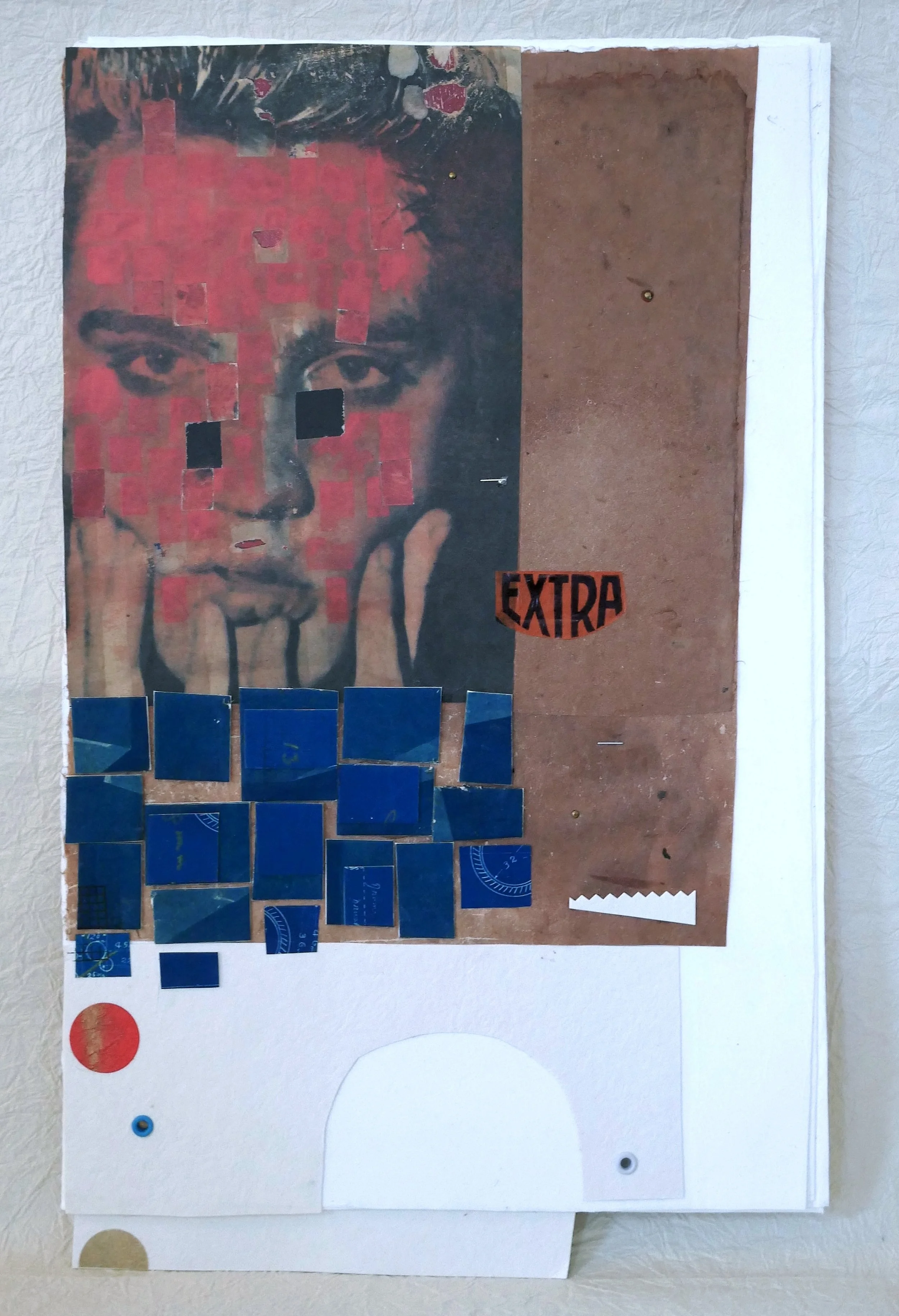 ELVIS EXTRA, 2025.  Vintage & Persimmon-dyed papers, eyelets on thick handmade washi paper.  27.5x44x2cm / $250