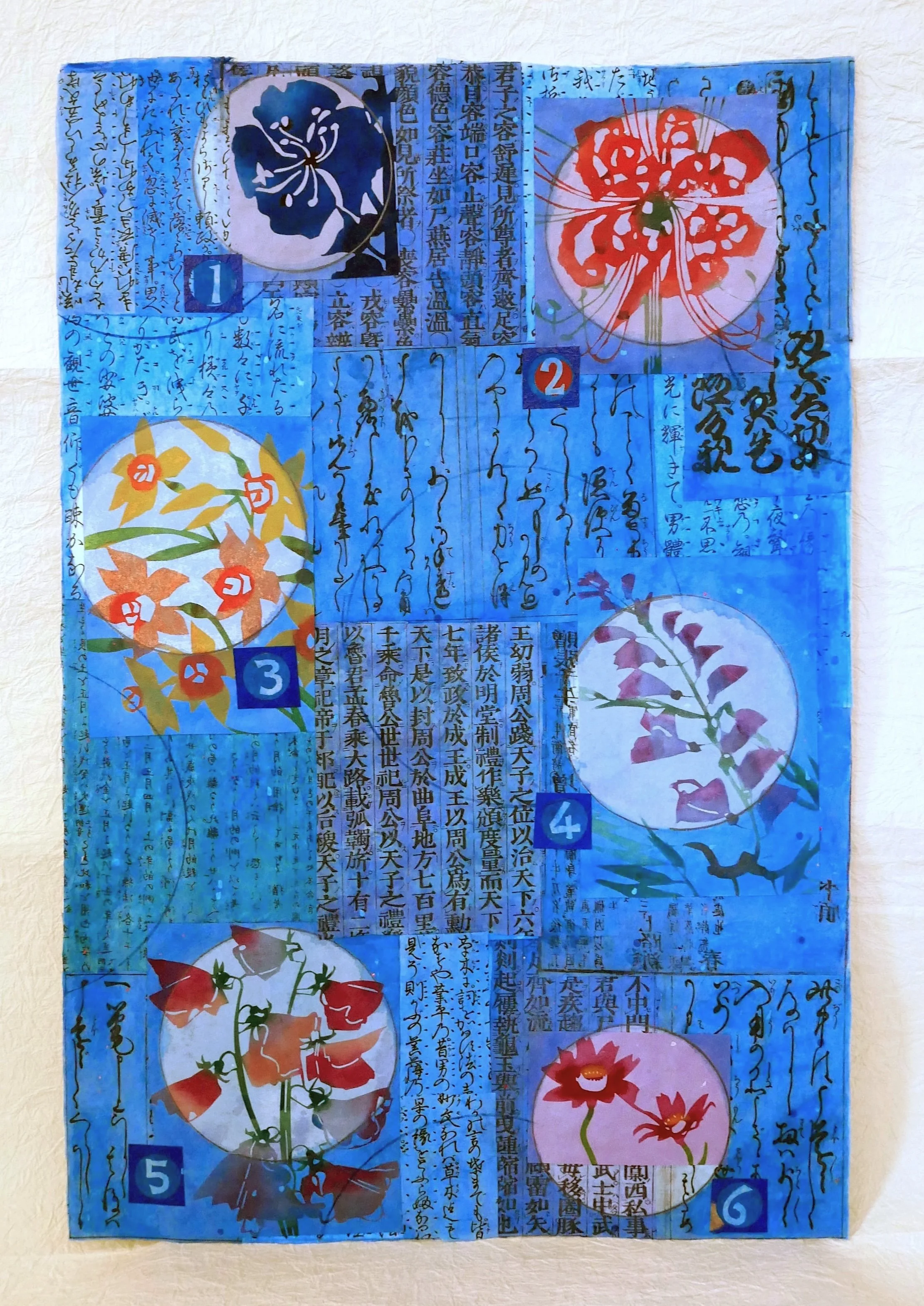 6 MOMENTS, 2025.  Vintage Japanese calligraphy pages, katazome prints, pencil and gouache on thick handmade paper. 42x64cm / $300