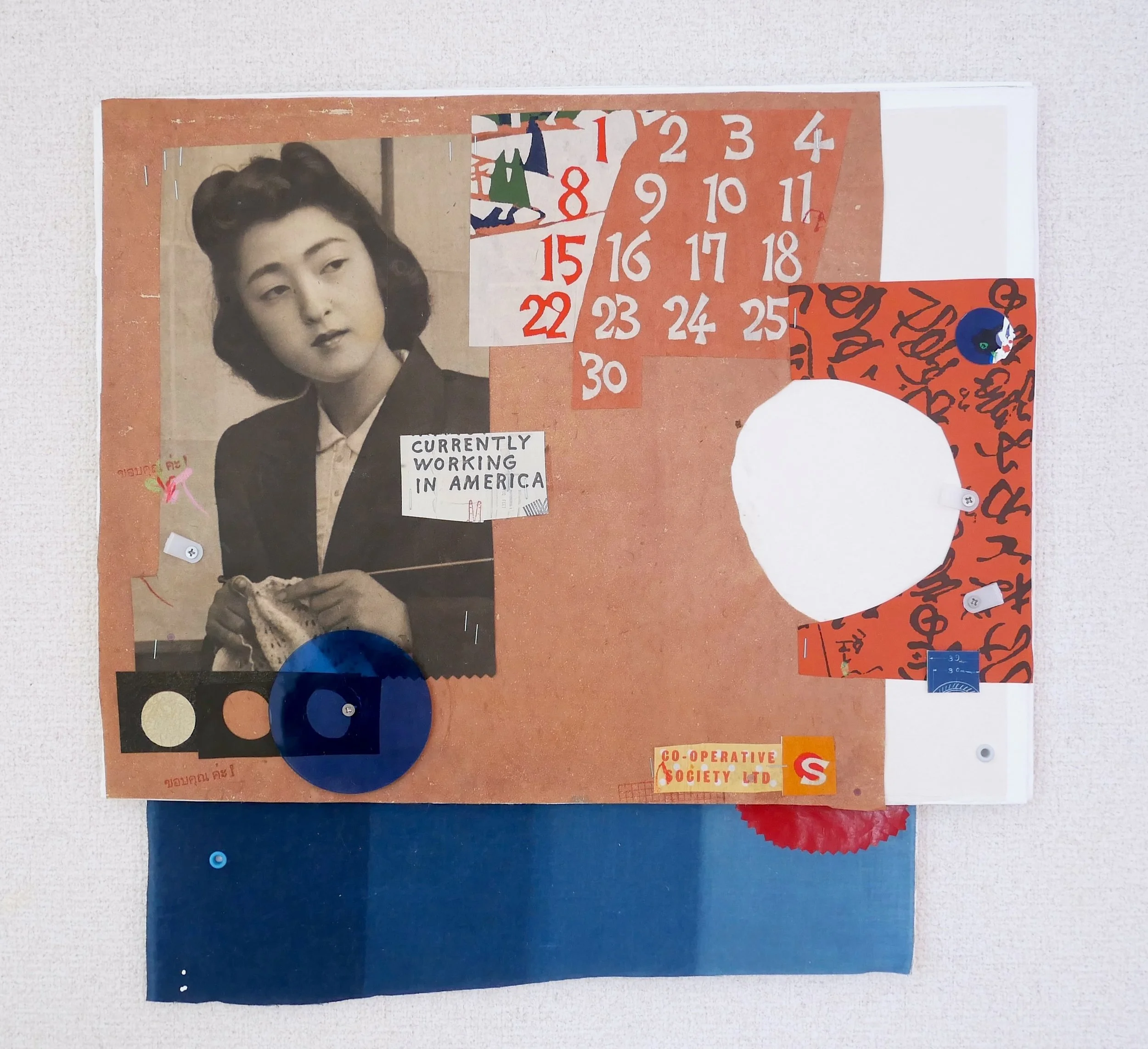 WORKING IN AMERICA, 2026.  Vintage Japanese dyed papers, indigo fabric, ink, metal and plexi on multi layers of extra-thick handmade paper.  42.5x42x1cm / $195.00
