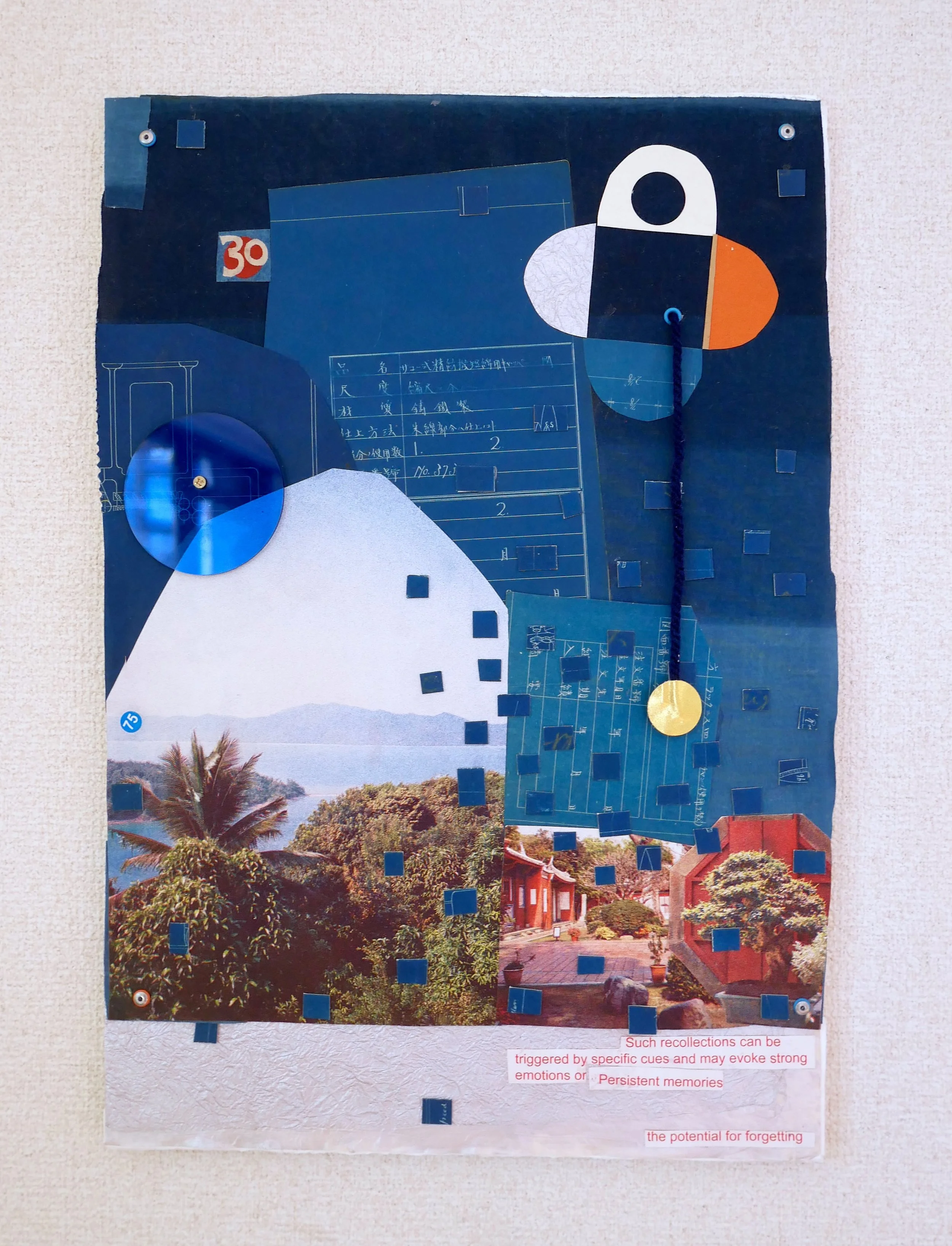 RECOLLECTIONS, 2026.  Vintage Japanese blueprints, & papers, indigo fabric, metal, plexi and string on multi layers of extra-thick handmade paper.  33x49x1cm / $245.00