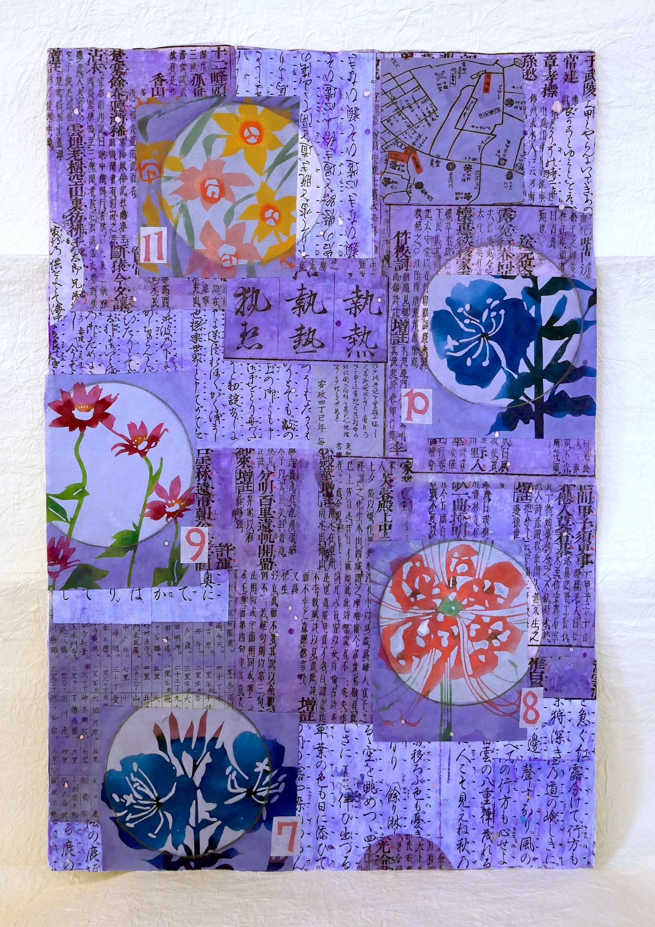 7-11 MOMENTS IN LOVE, 2025.  Vintage Japanese calligraphy pages, katazome prints, pencil and gouache on thick handmade paper. 42x64cm / $300