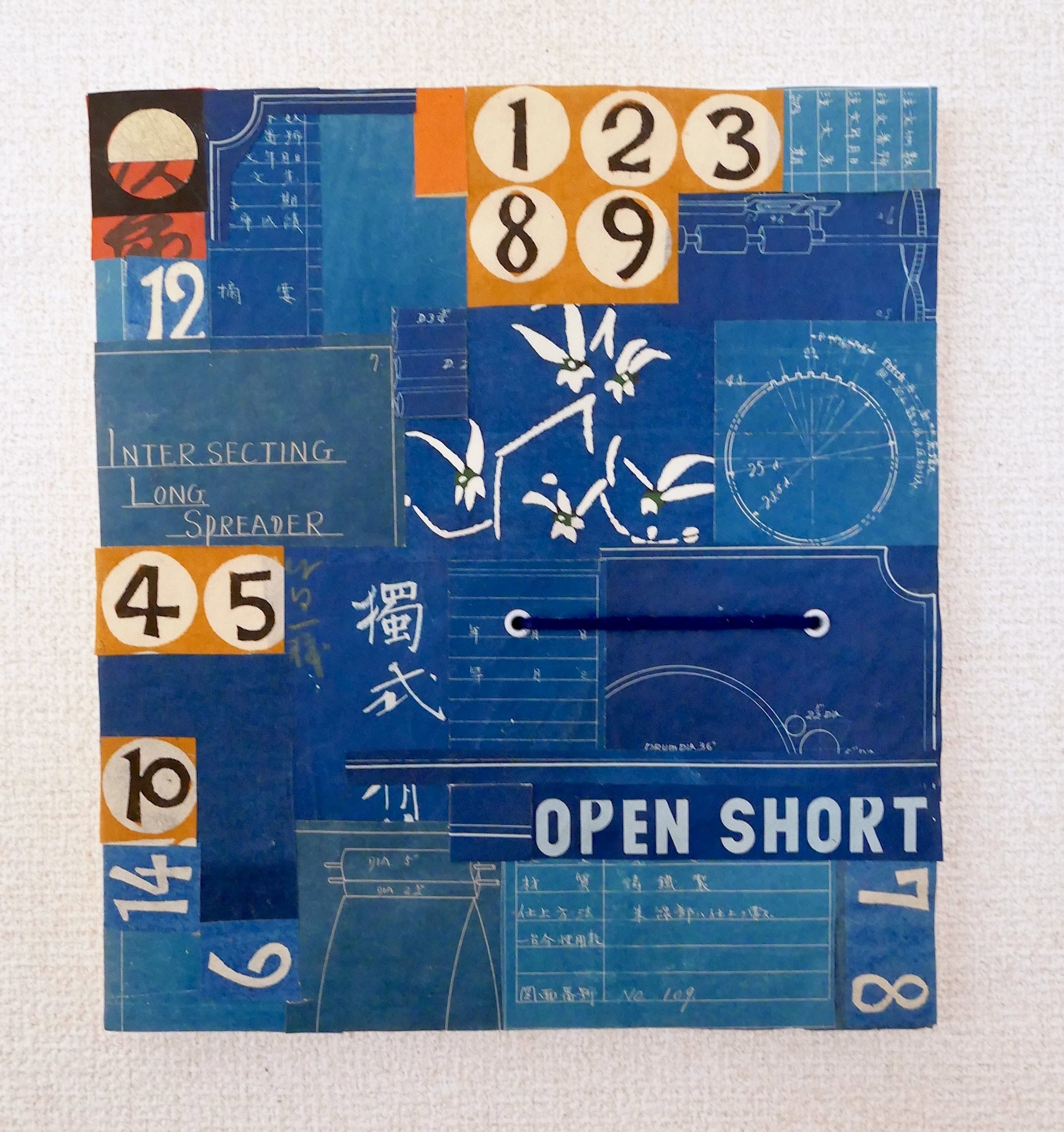 BORO 2026.3, 2026.  Vintage Japanese blueprints and katazome papers, plexi and string.  Mounted on 20+ layers of thick handmade paper.  24.5x27x2cm / $190.00
