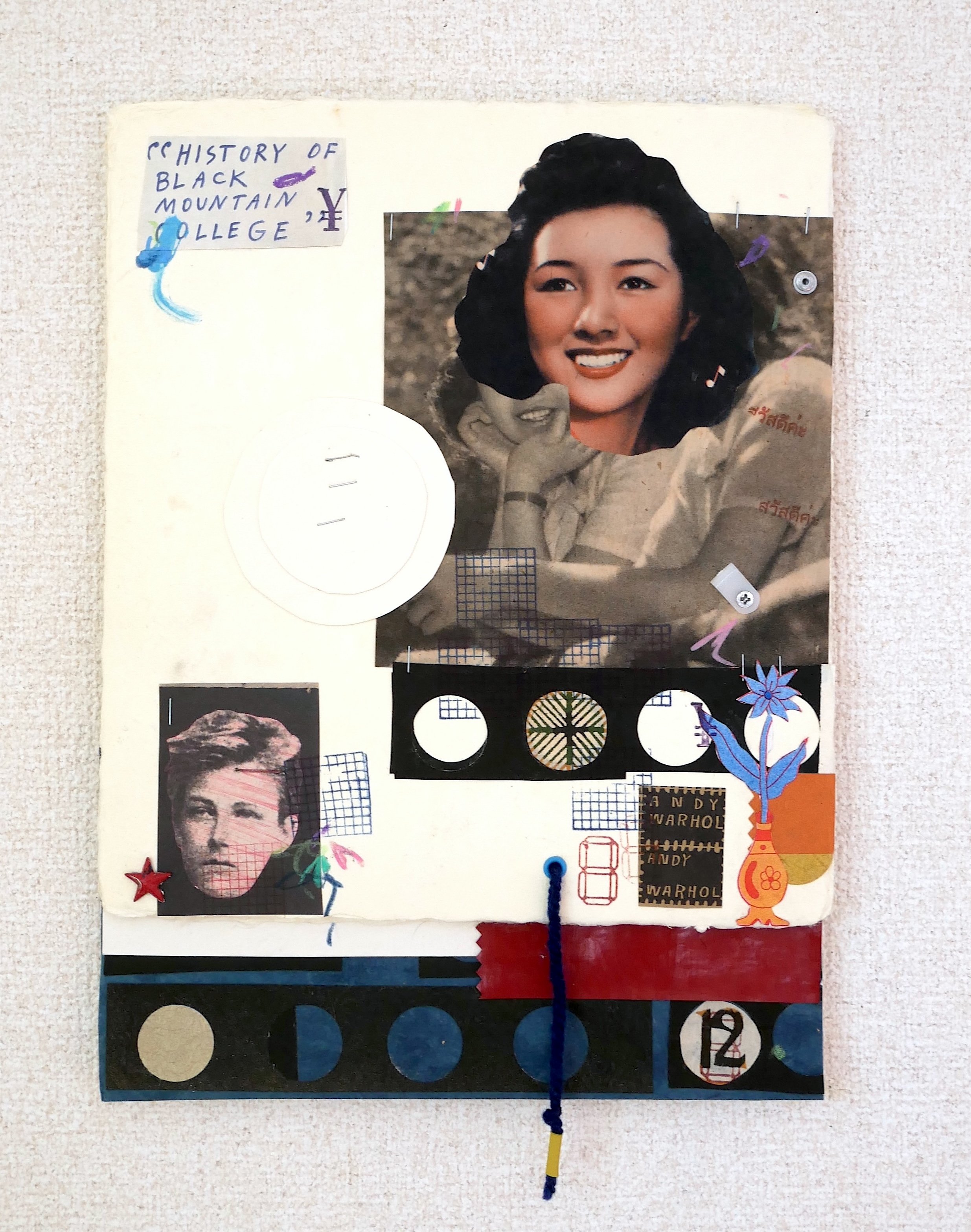 HISTORY OF BMC, 2026.  Vintage Japanese dyed papers, plastic, string and inki on multi layers of extra-thick handmade paper.  24.5x36x.7cm / $150.00