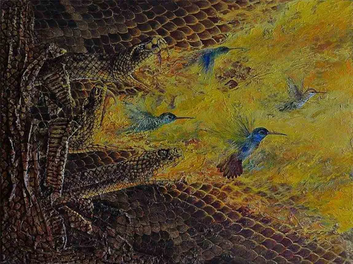 Birth of aztec god Huitzilopochtli, 2012, Acrylic/oil on canvas - 35" x 30"