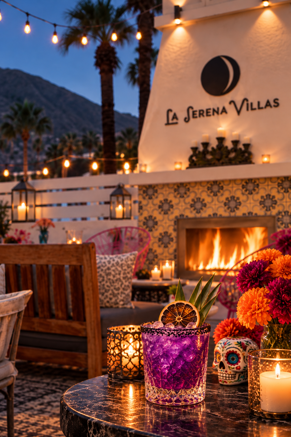 A cozy outdoor patio with a fireplace, candles, string lights, colorful flowers, and a purple cocktail on a dark marble table at La Serena Villas during dusk.