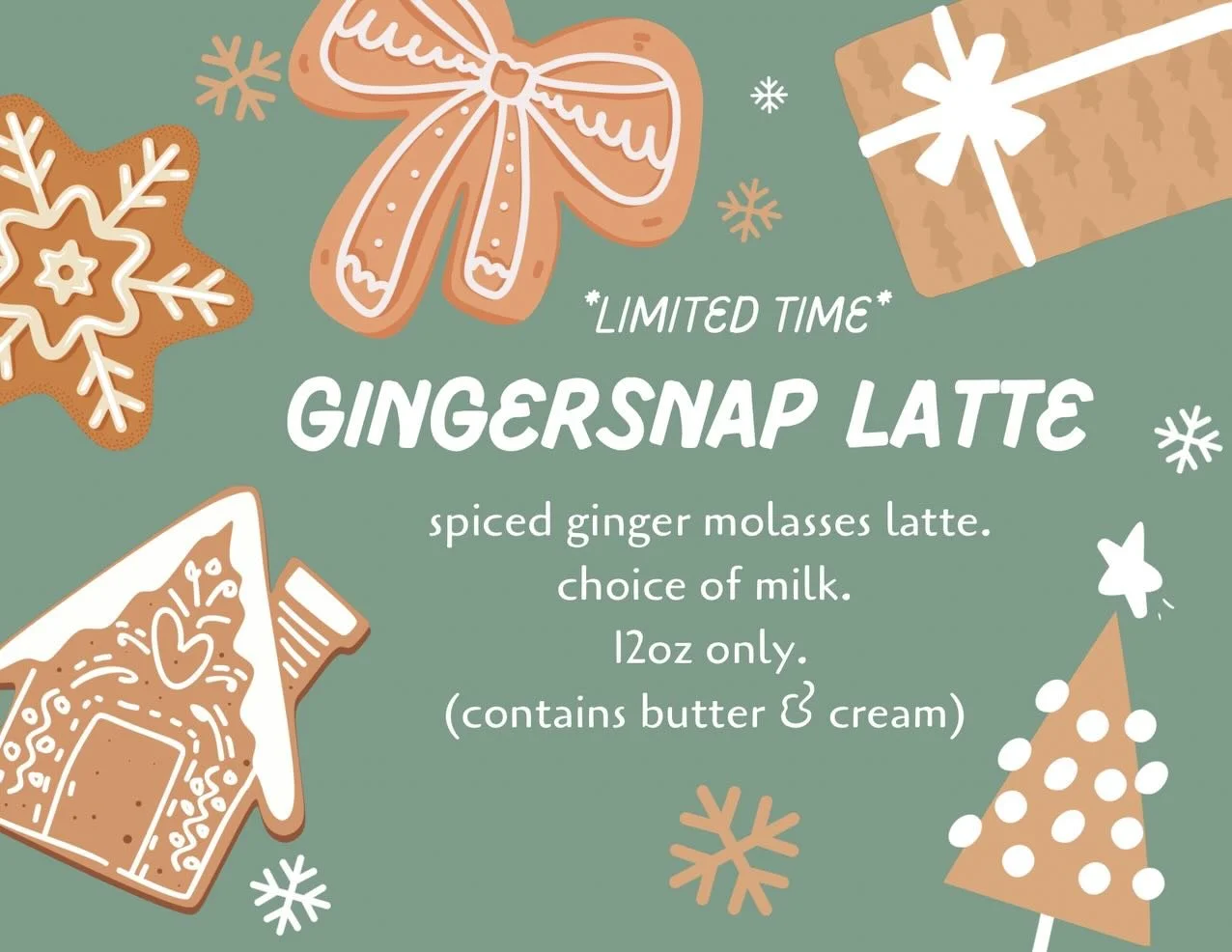 For a limited time! Come try this Gingersnap latte made with our house made gingersnap batter and your milk of choice. Happiest holidays to you from the Flying X team!