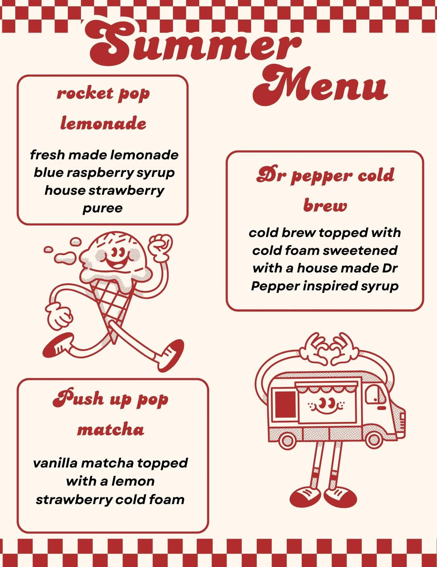 Our new Summer menu launches tomorrow! Inspired by the childhood memory of hearing the ice cream truck singing down the street. Come in and enjoy the AC and a fun and refreshing drink!