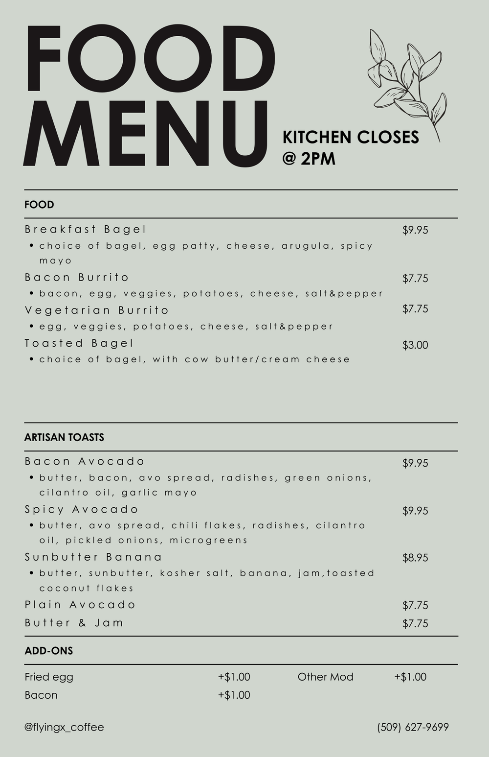 Food Menu — Welcome to Flying X Coffee