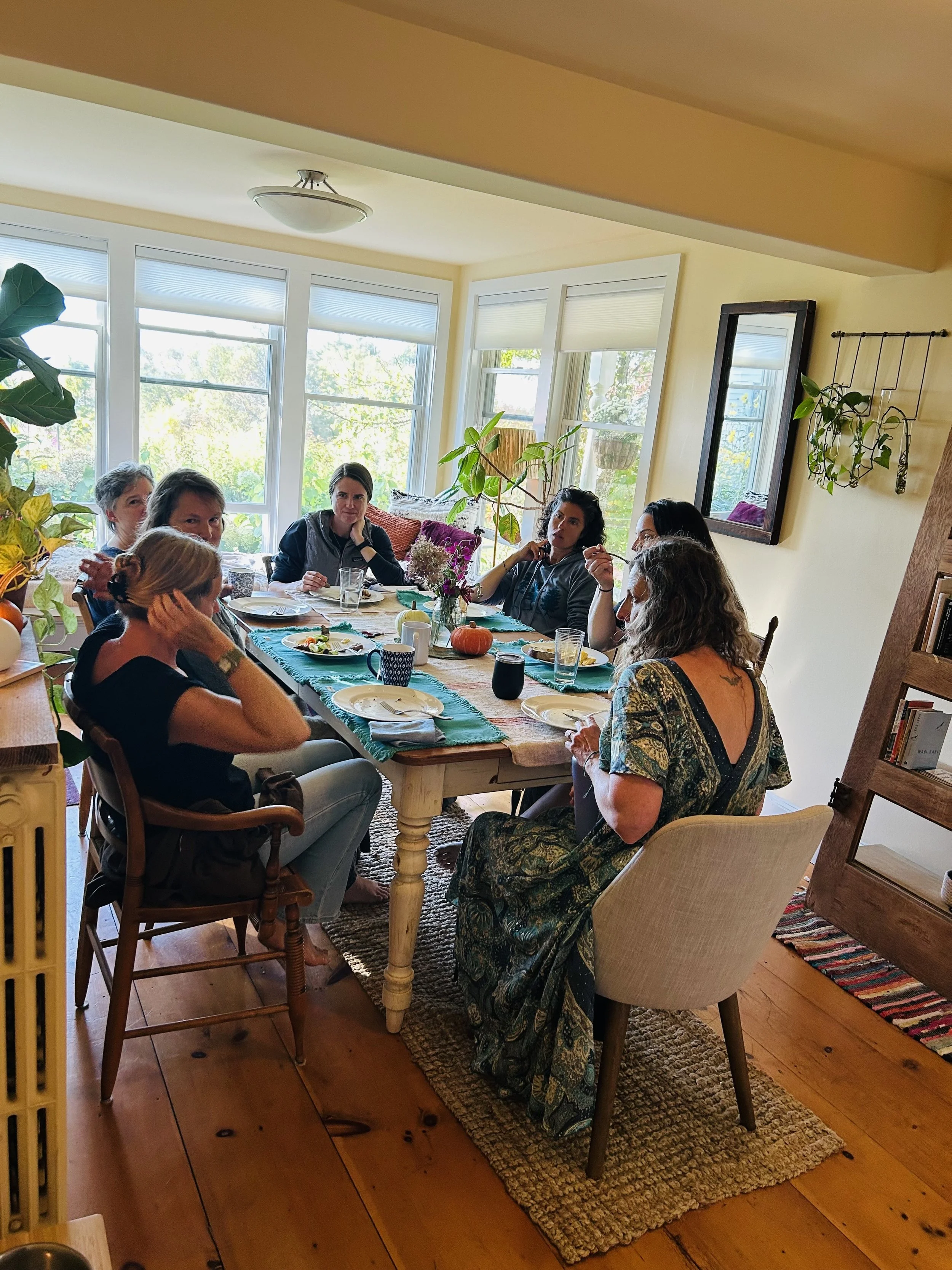 A group of people, mostly women, sitting around a dining table in a sunlit room, having a meal and engaging in conversation. The table has a tablecloth, plates, glasses, and a pumpkin centerpiece. The room has large windows, plants, a mirror, and a b