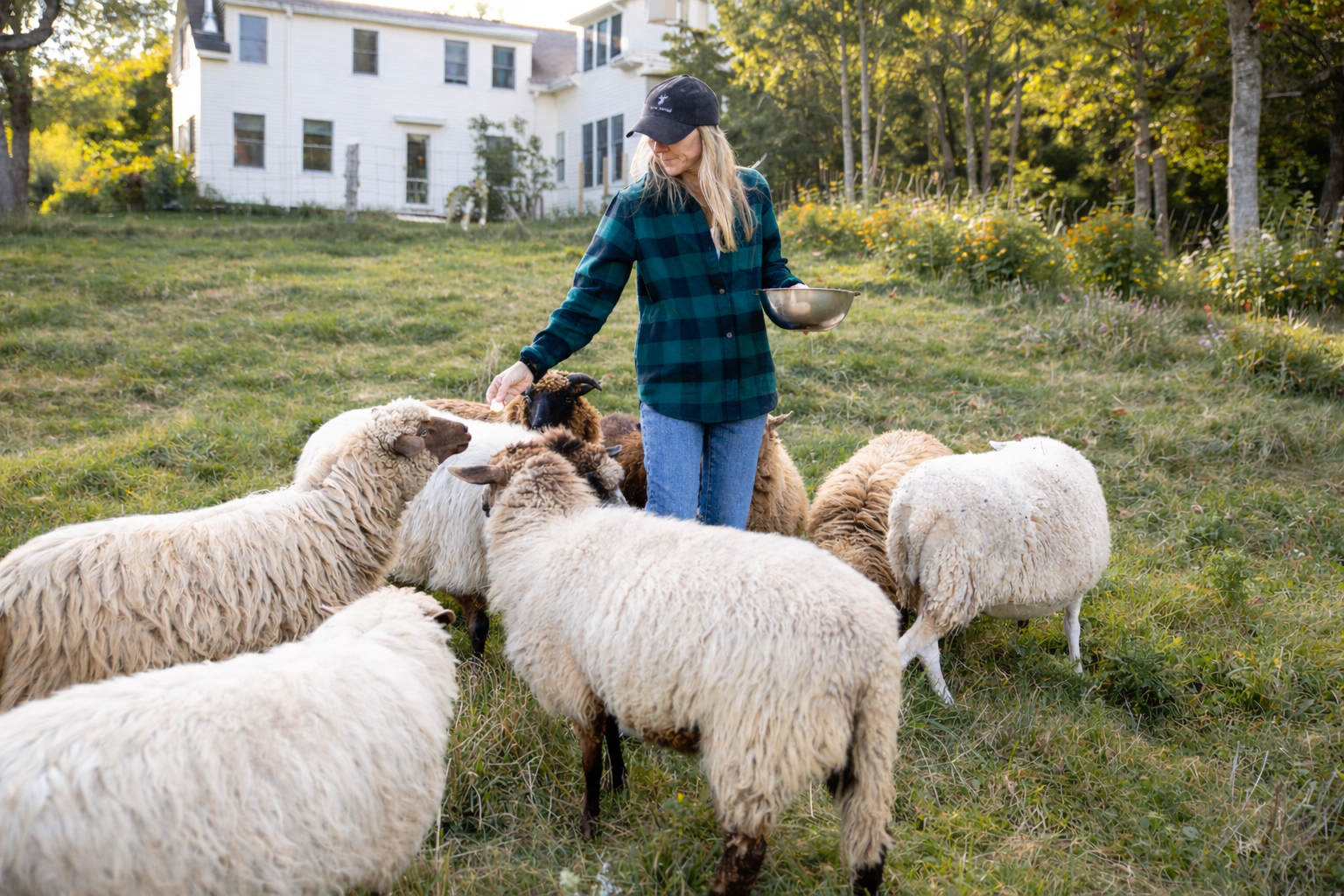 A woman feeding a flock of sheep outdoors near a white house with trees and greenery in the background.