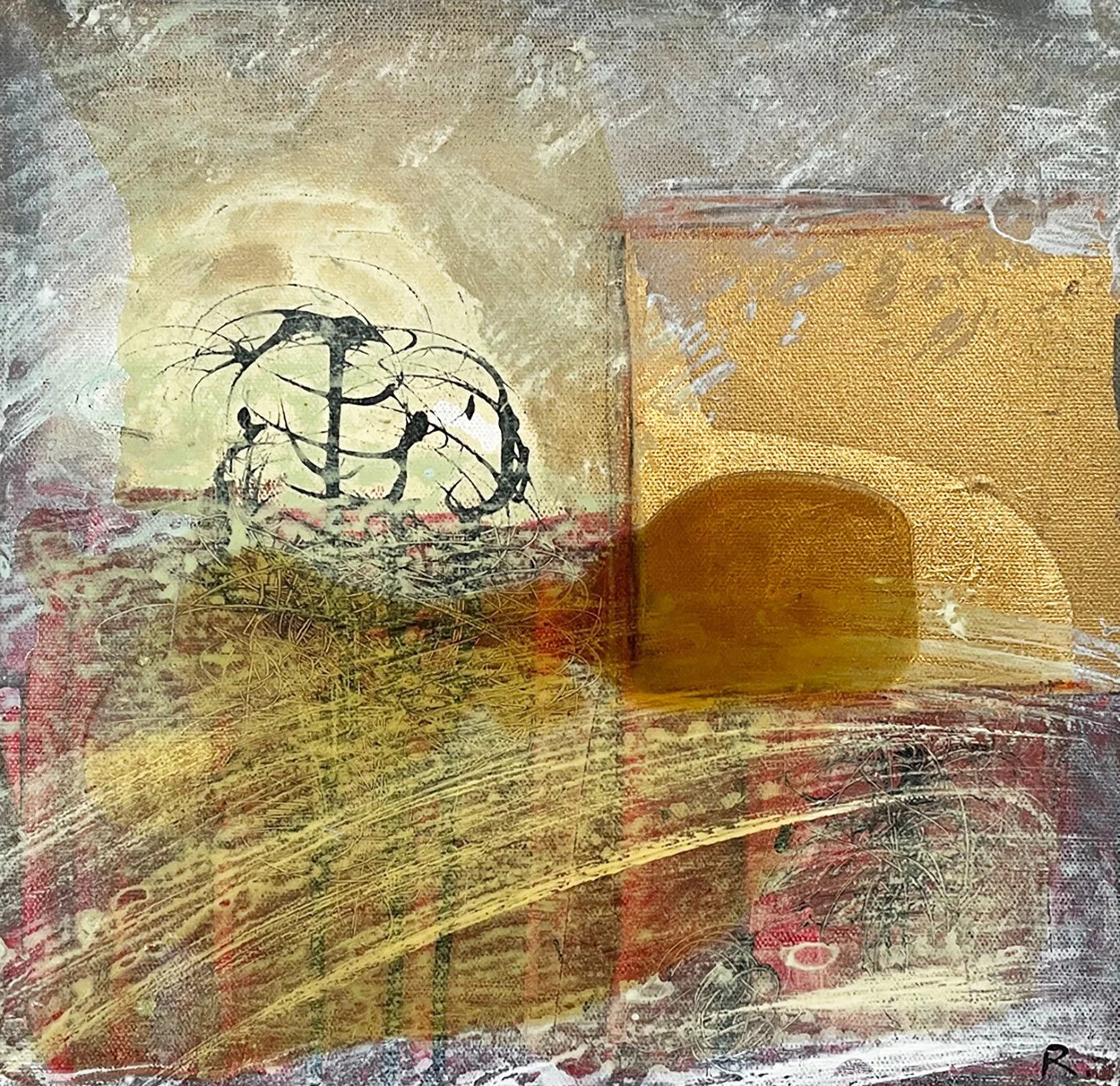 GROUND LEVEL
Acrylics &  gold leaf, varnish on canvas.
305mm W x 305mm H.  Price:  $360
