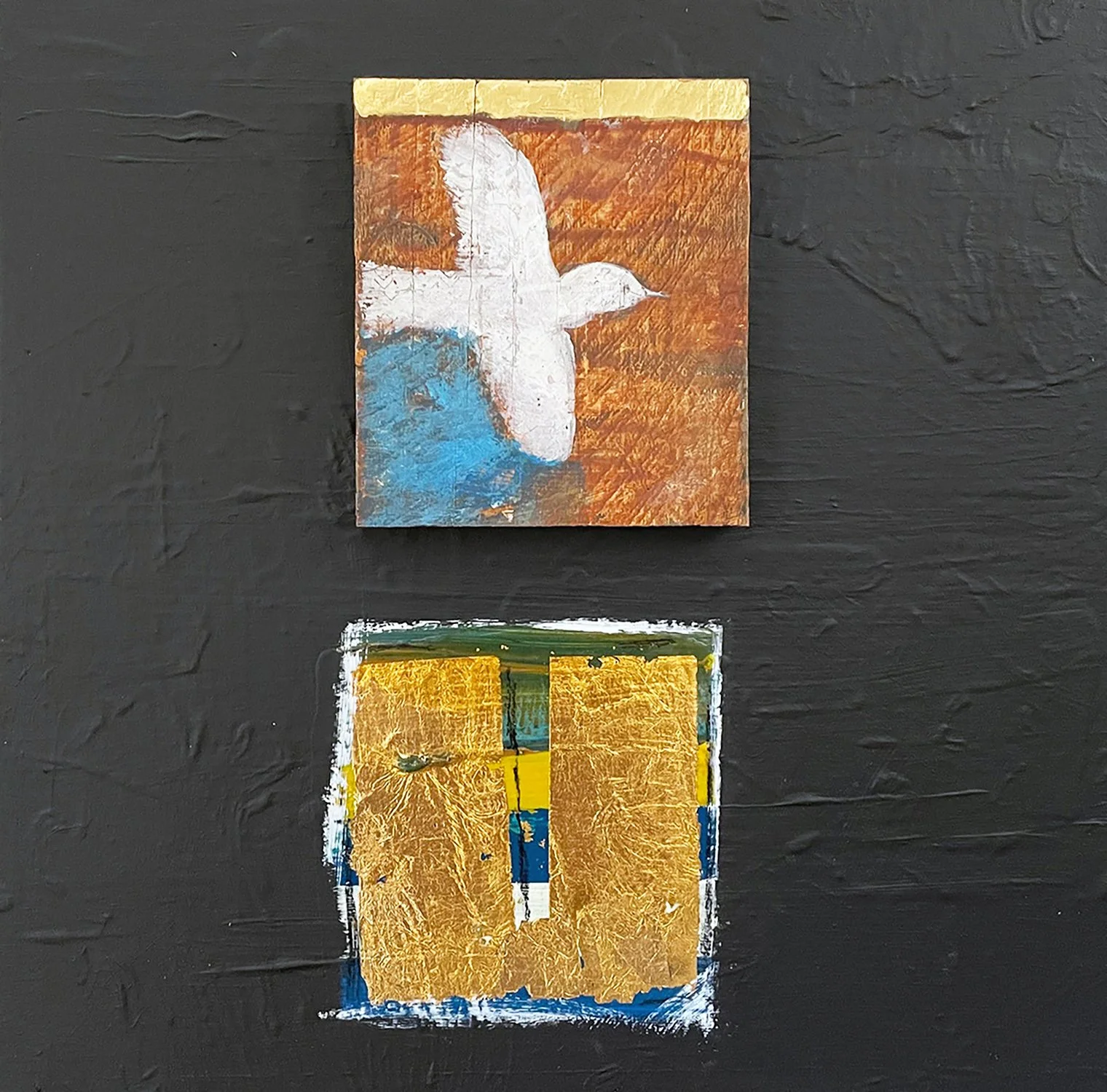 PASSING BY - inspired by a bird flying by
Acrylics , gold leaf, wood art on canvas.
460mm W x 460mm H Price: $460