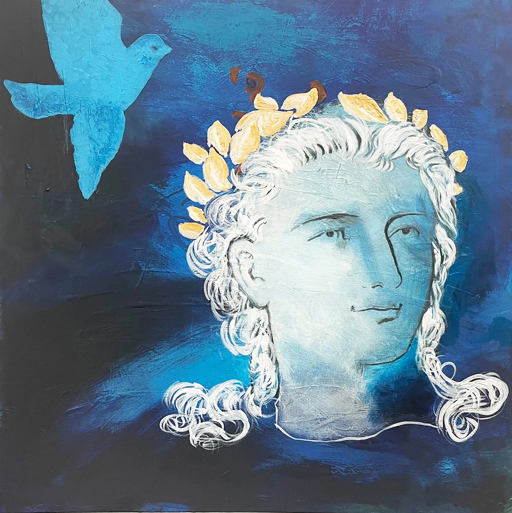 BLUE DOVE & MESSENGER
Acrylics, gold paint on canvas.  760mm W x 770mm H  Price: $450