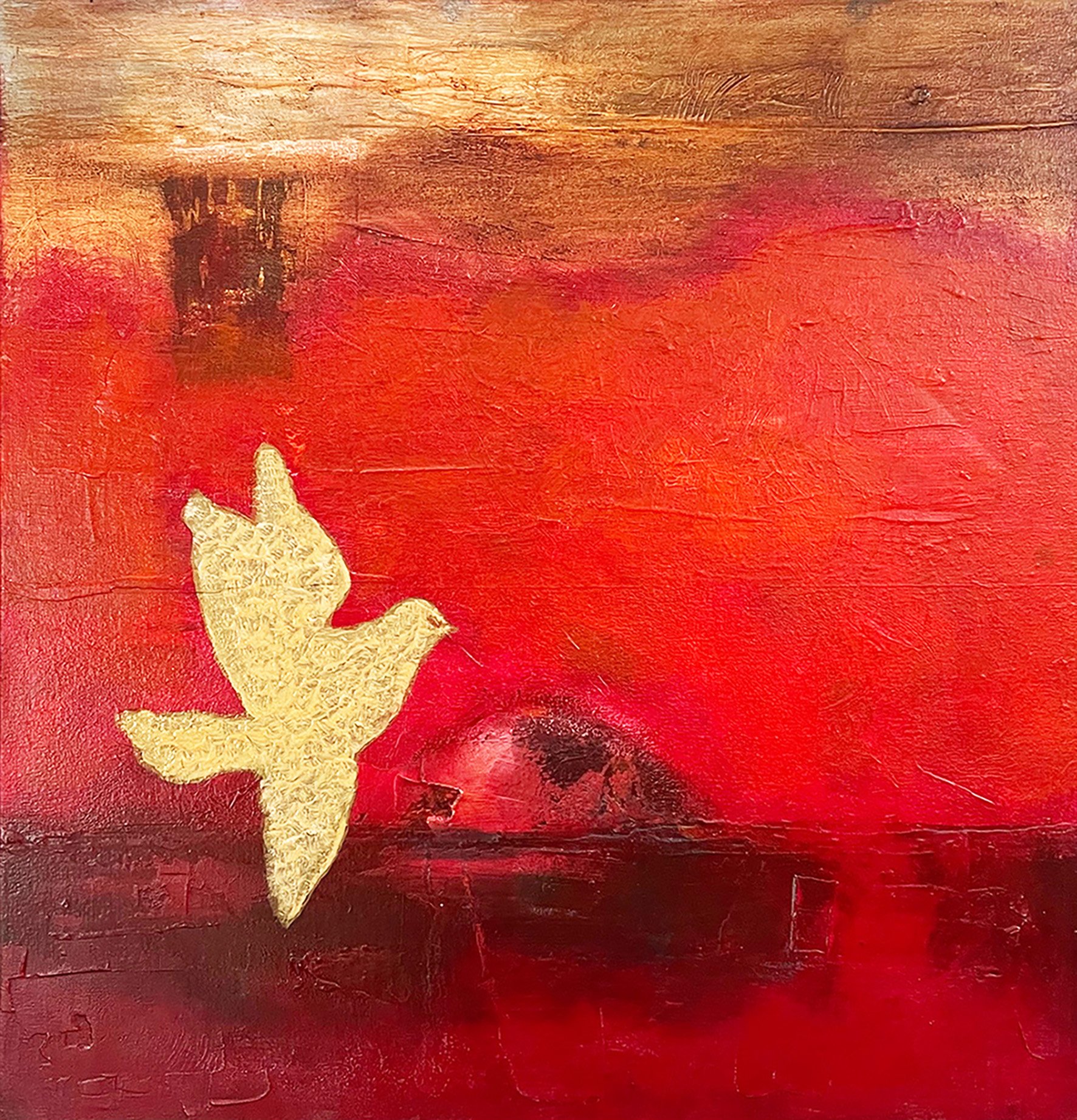 GOOD FORTUNE
Acrylics, oil paints, gold paint on canvas
600mm W x 620mm H   Price: $440
"Doves were sometimes believed to bring good fortune".