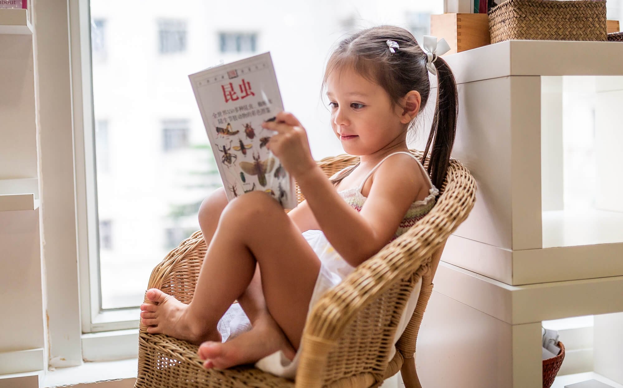 Girl reads a book by herself in a gorgeous room with natural light at a Montessori school in Hong Kong, photo by Ian Taylor