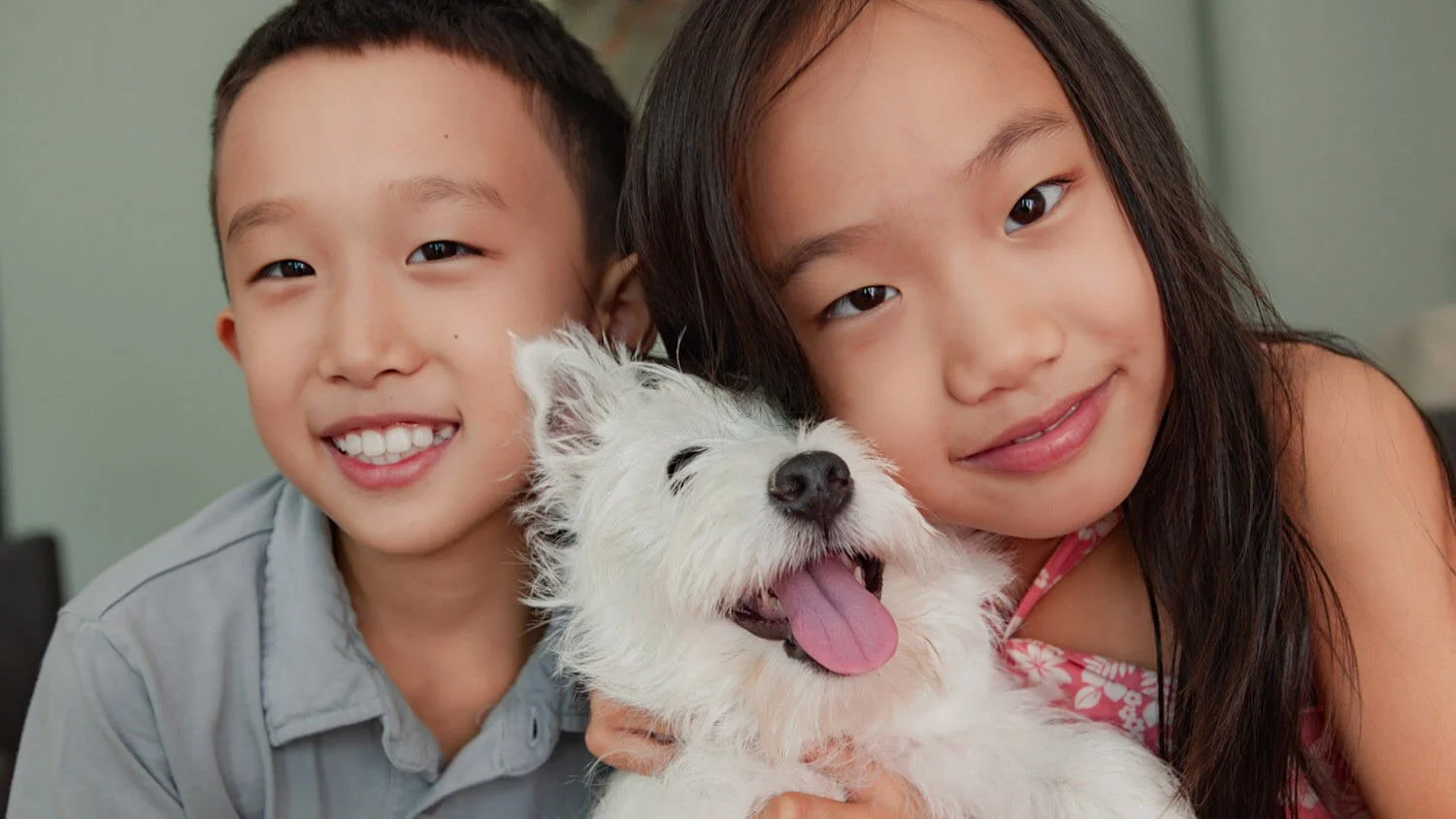 Twins in Hong Kong with their white terrier pet.
