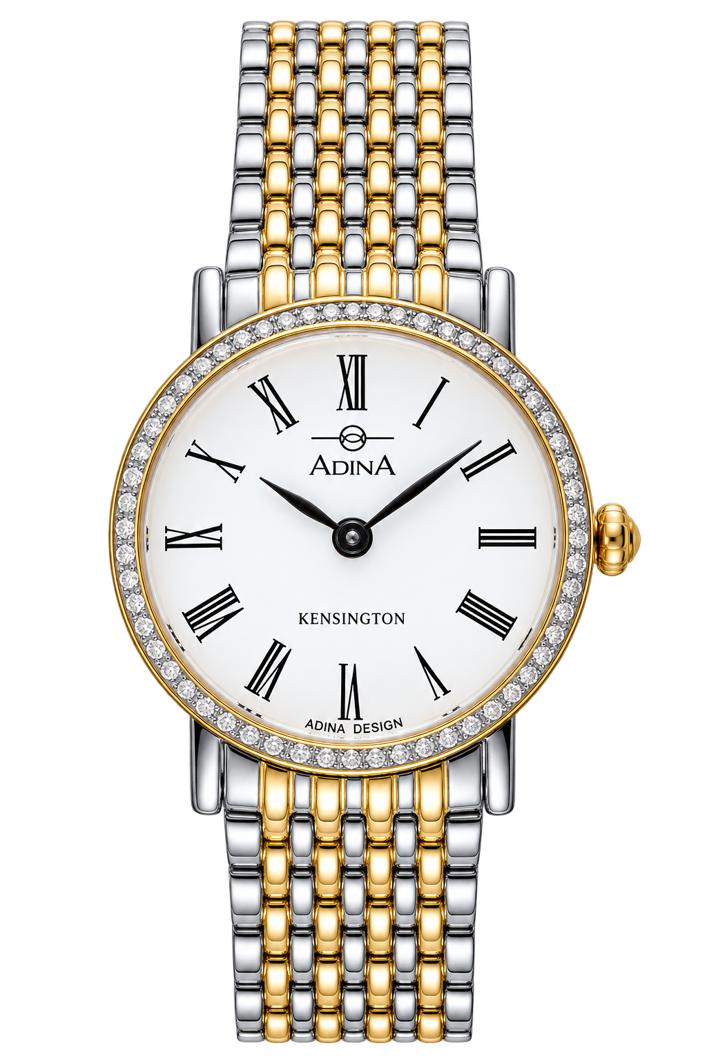 A stylish wristwatch with a round white face, Roman numerals, and black hands. The watch features a gold case with a diamond-encrusted bezel and a two-tone metal bracelet in silver and gold. The brand name 'ADINA' is displayed on the face.